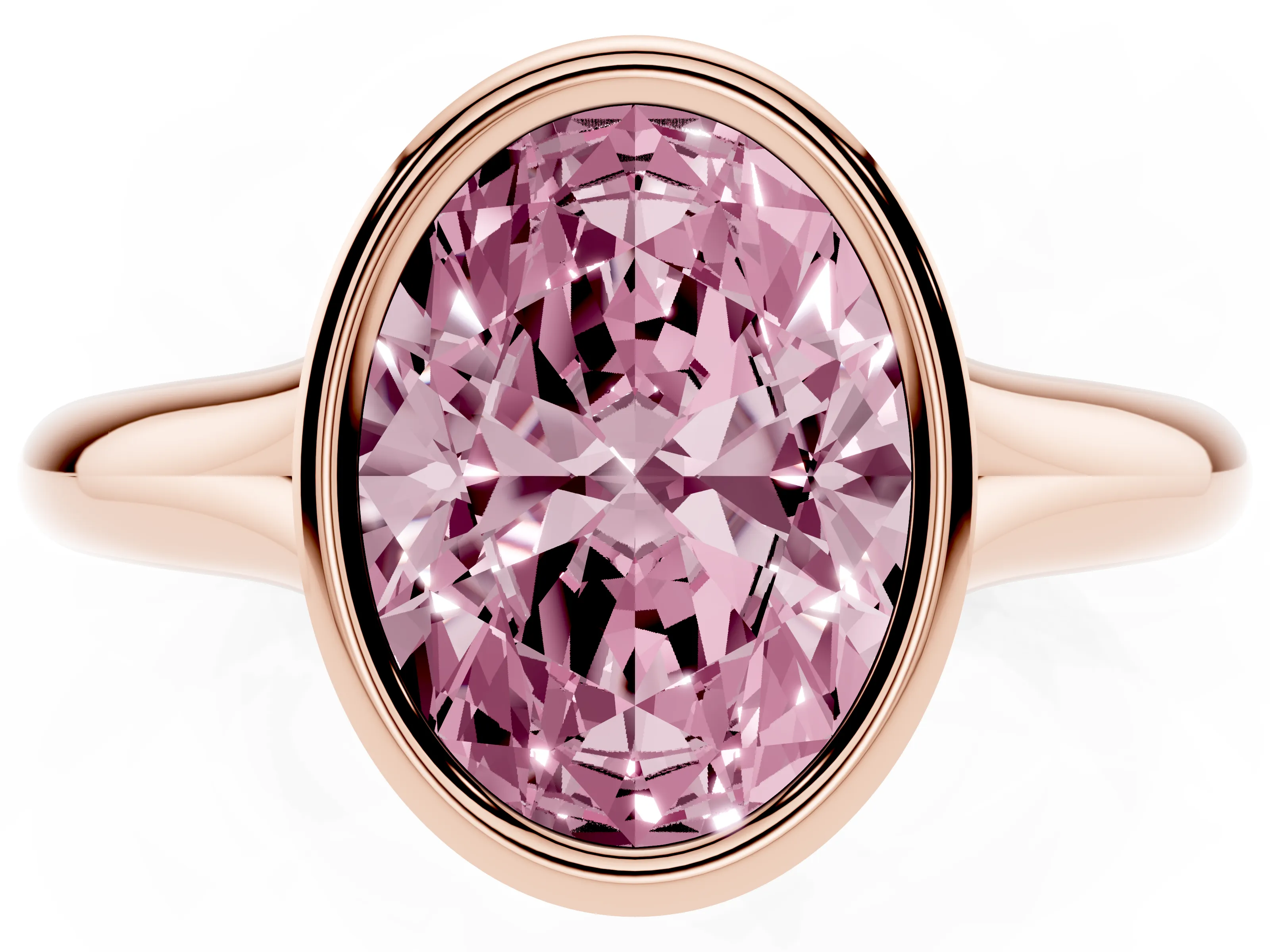 Fancy Pink Bezel Set Oval Cut Diamond Solitaire Ring Set in Rose gold with Smooth Band