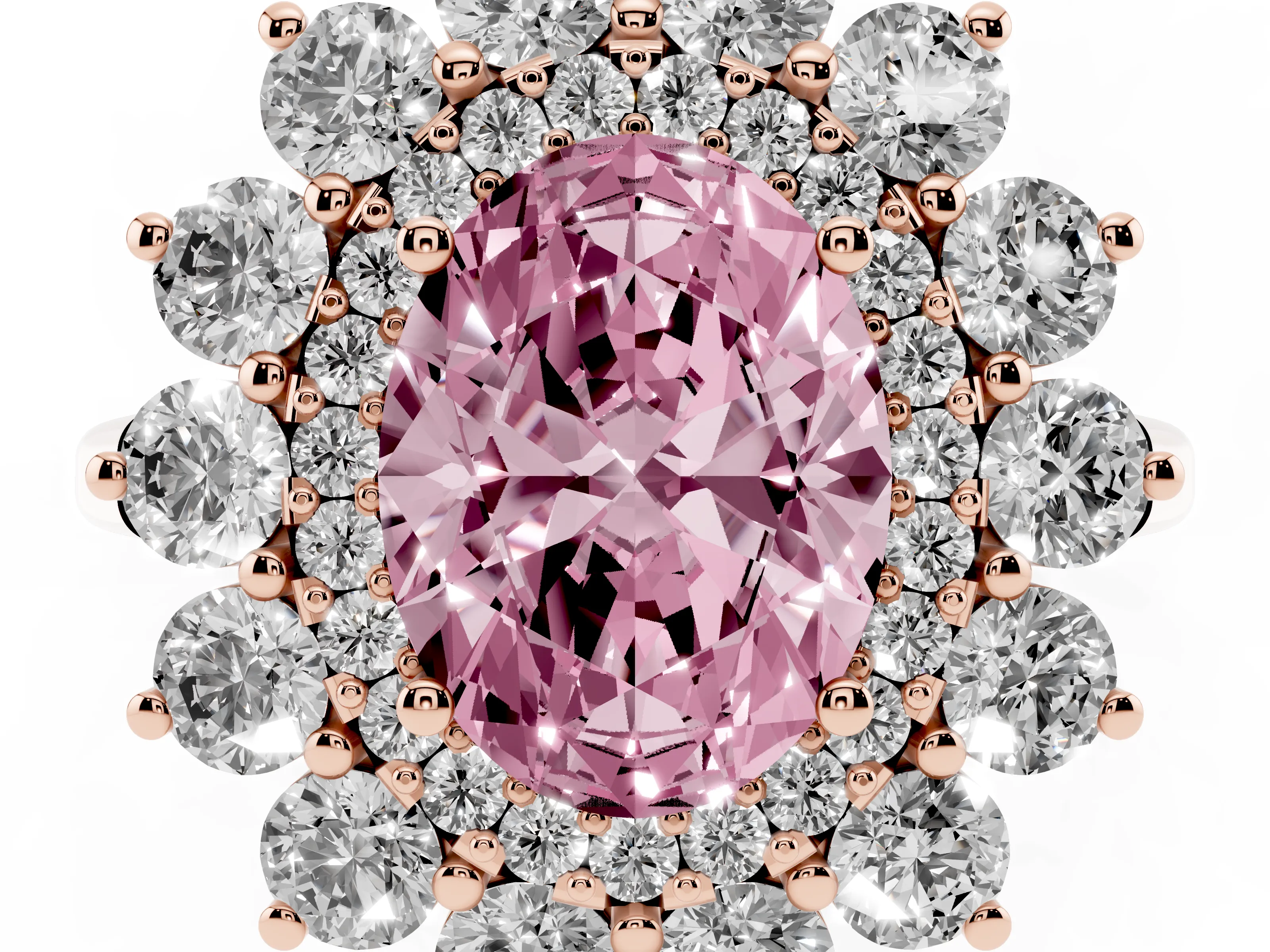 Fancy Pink Oval Cut Diamond Floral Double Halo Ring Set in Rose gold with Round Petals