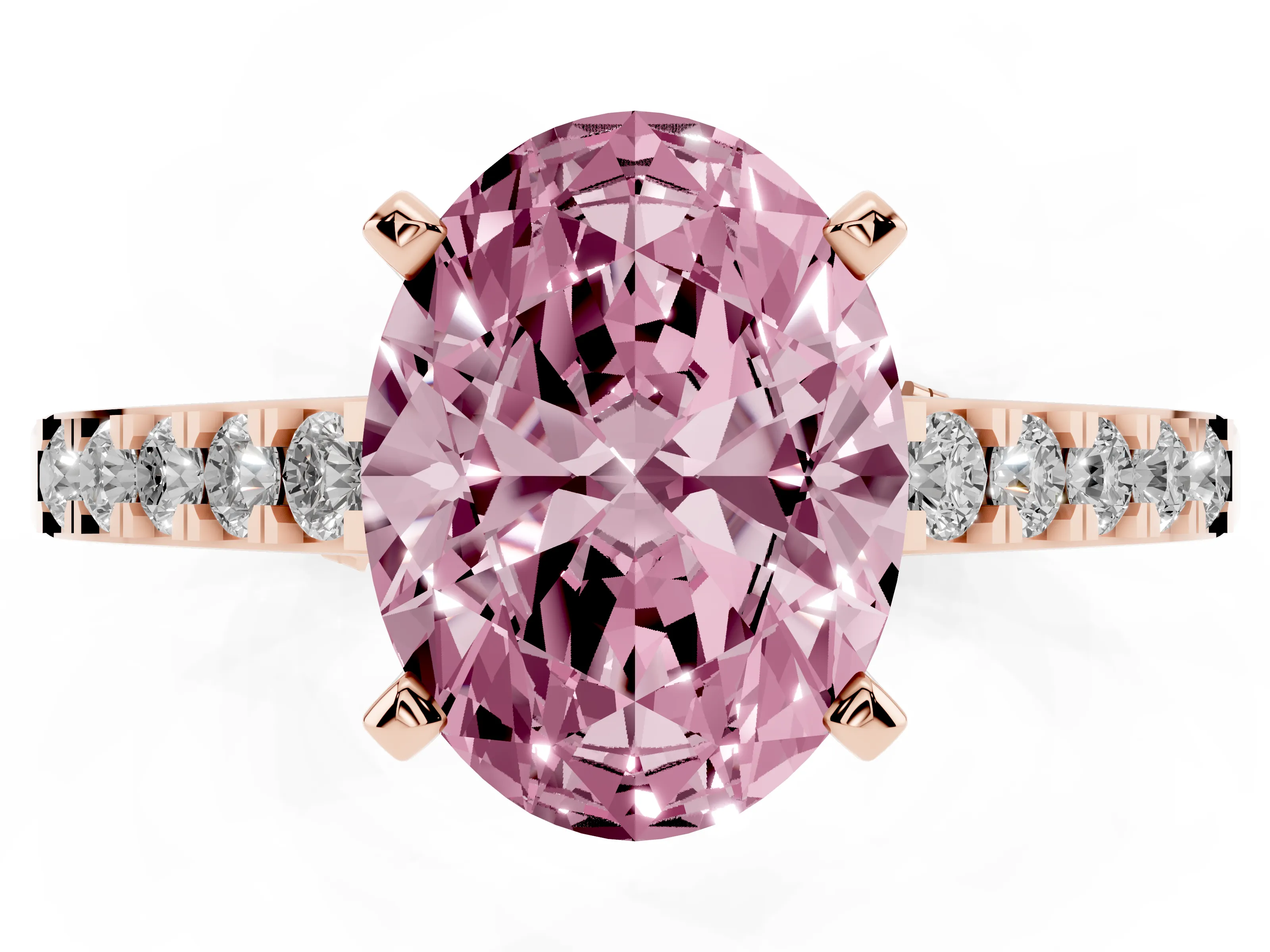 Fancy Pink Oval Cut Diamond Solitaire Ring Set in Rose gold with Crossover Gallery and Round Pavé Band