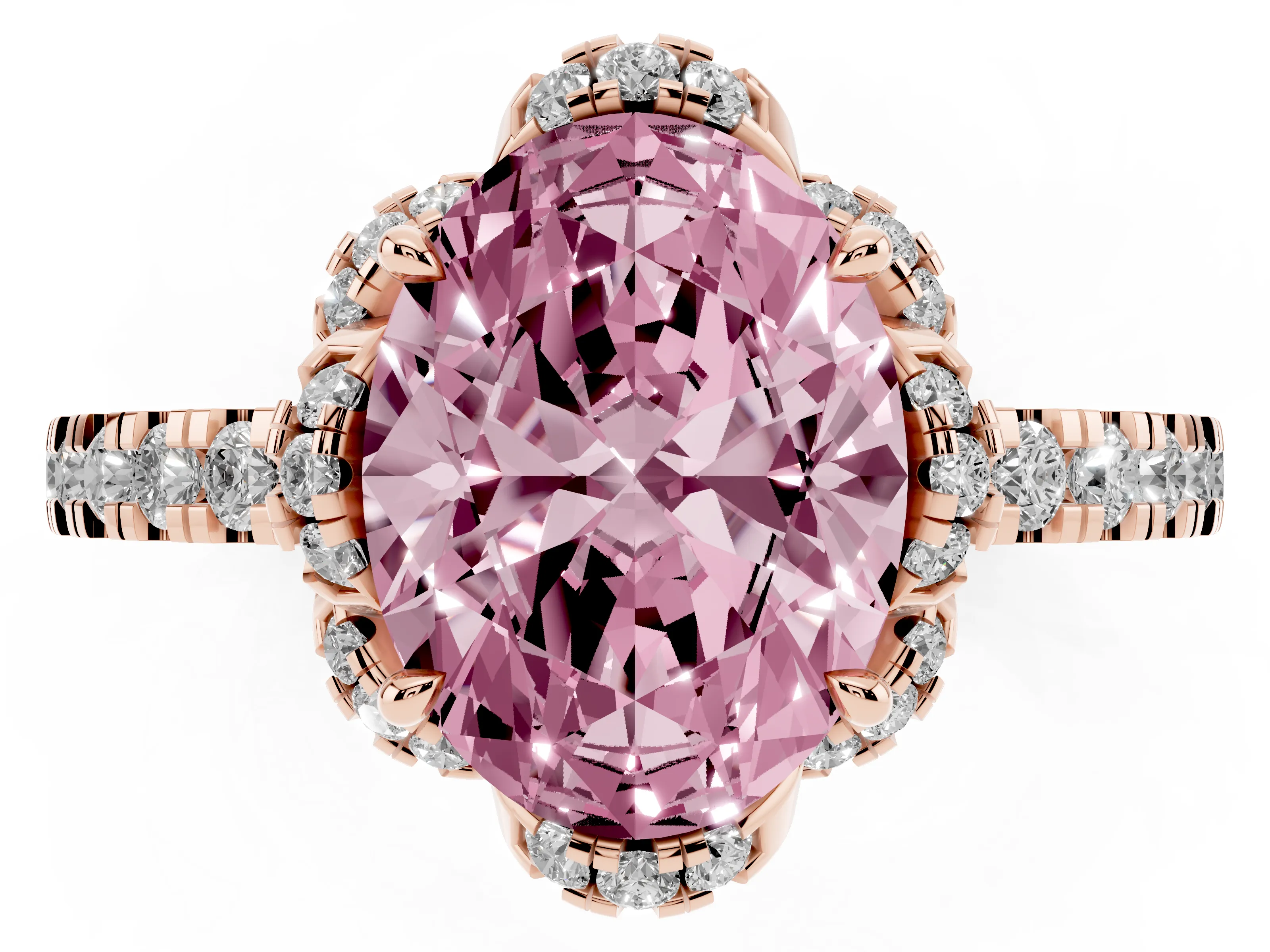 Fancy Pink Oval Cut Diamond Halo Pavé Band Ring Set in Rose gold with Prong-Held Center