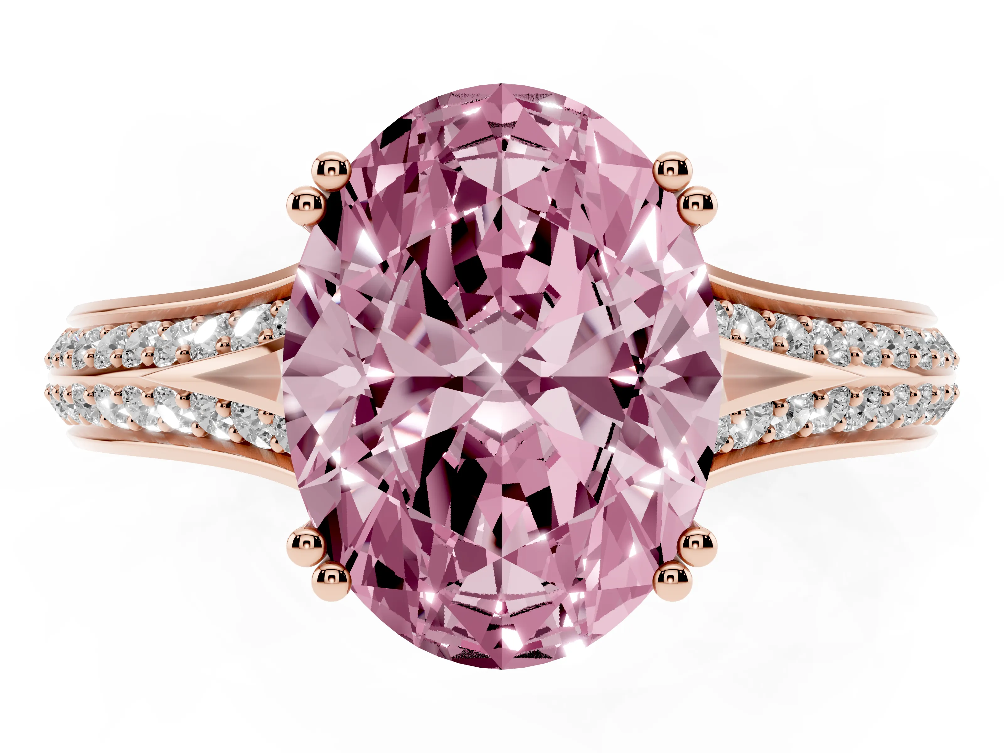 Fancy Pink Oval Cut Diamond Split Shank Pavé Engagement Ring Set in Rose gold with Prong-Set Center Stone