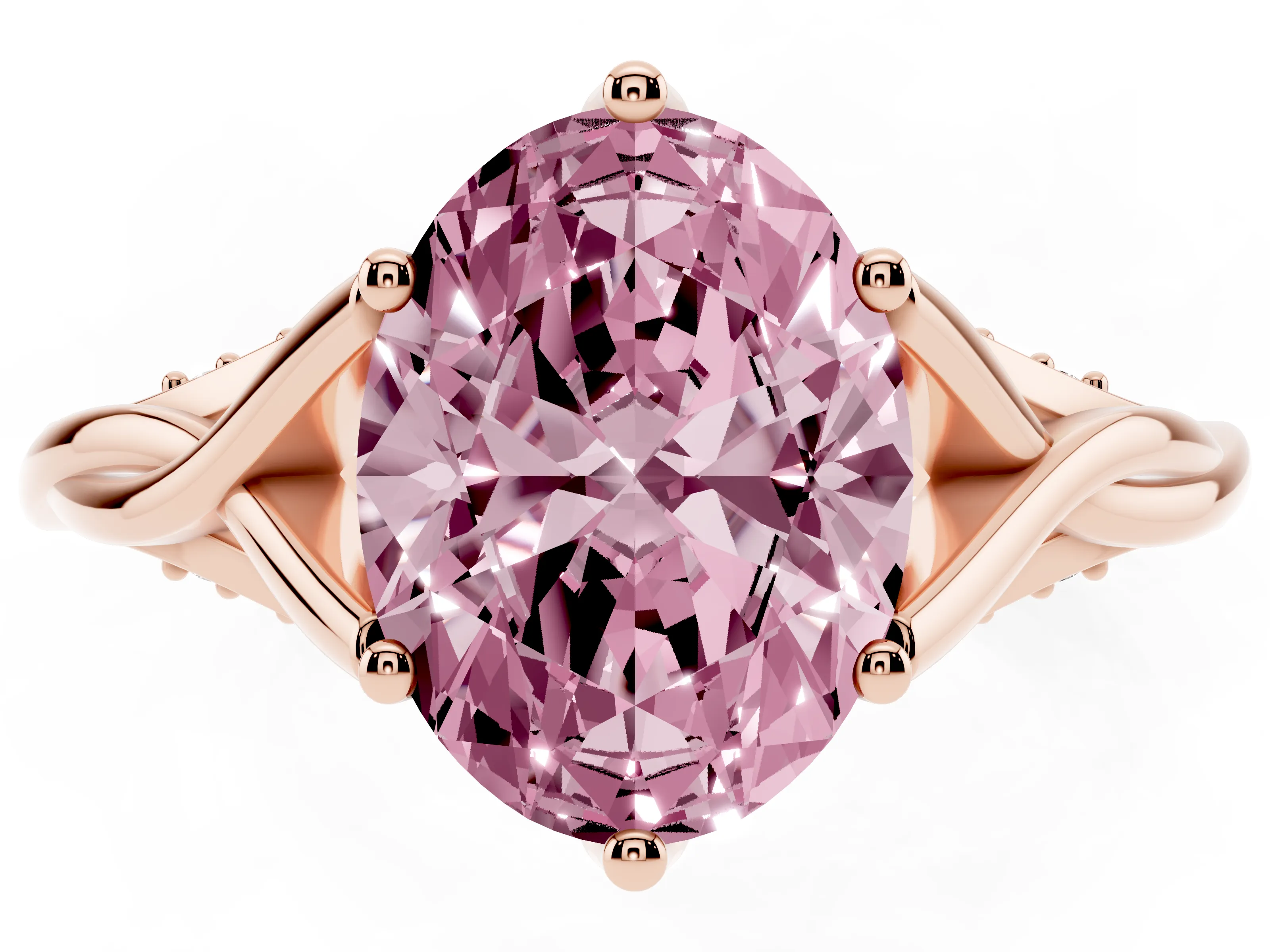 Fancy Pink Oval Cut Diamond Intertwined Twist Band Solitaire Ring Set in Rose gold with Prong Setting