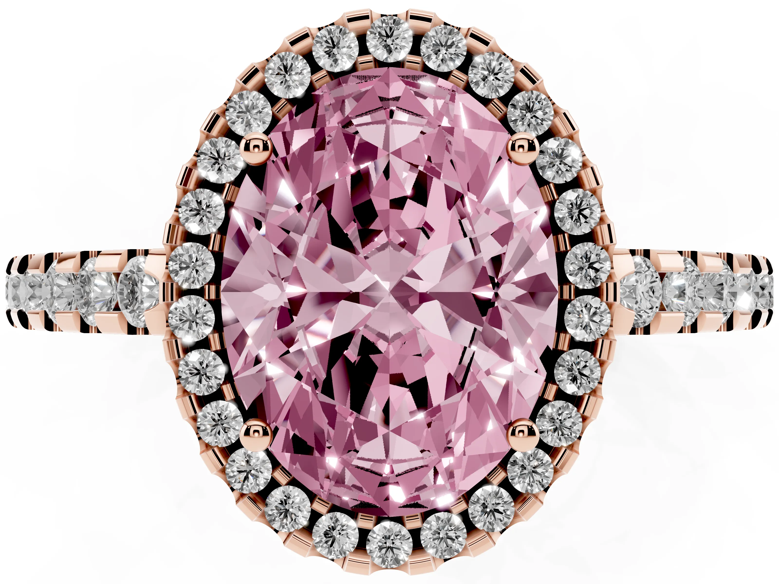 Fancy Pink Oval Cut Diamond Halo Ring Set in Rose gold with Pavé Shoulders and Halo-Framed Center