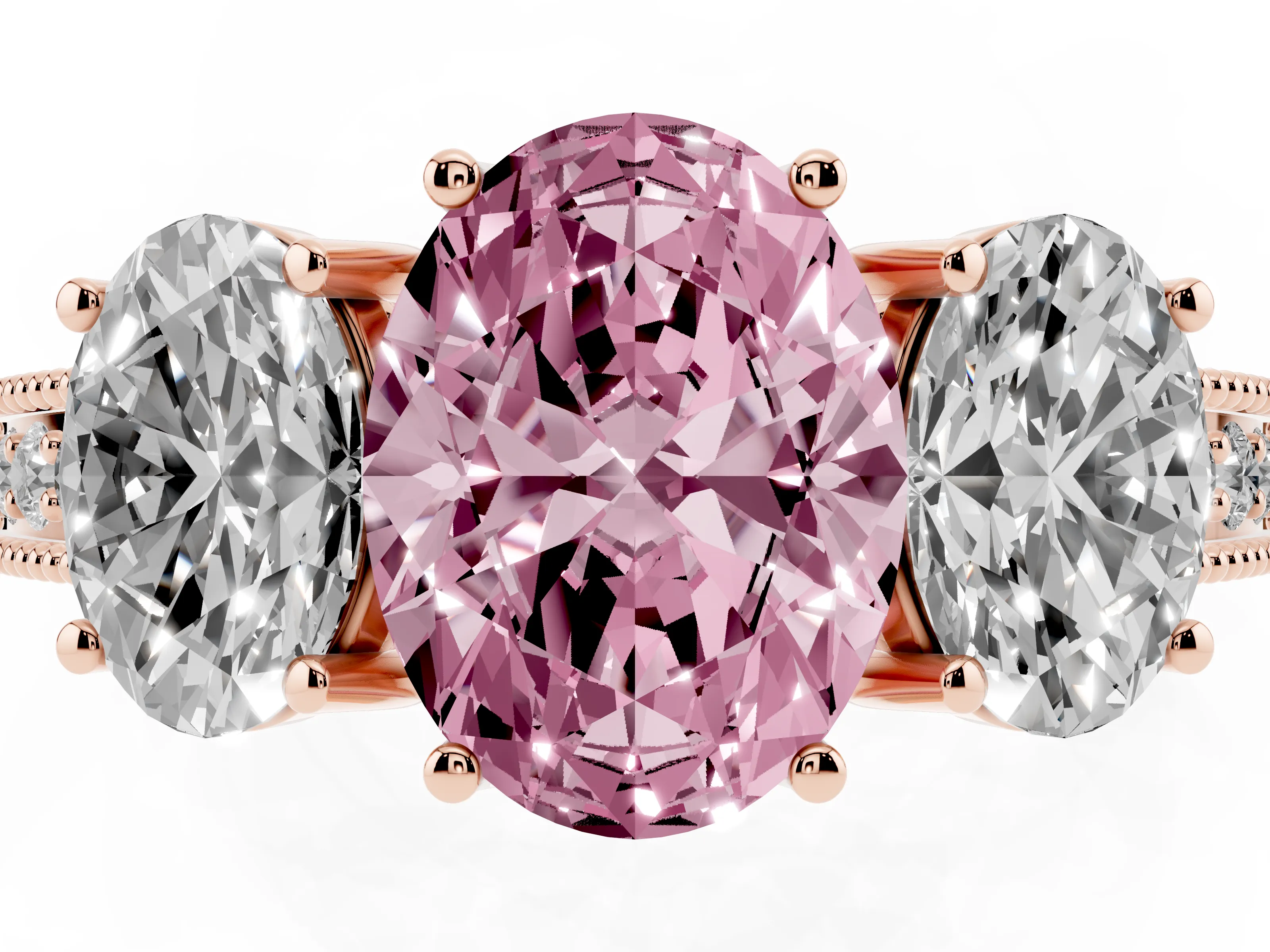 Fancy Pink Oval Cut Diamond Three-Stone Engagement Ring Set in Rose gold with Milgrain Pavé Band