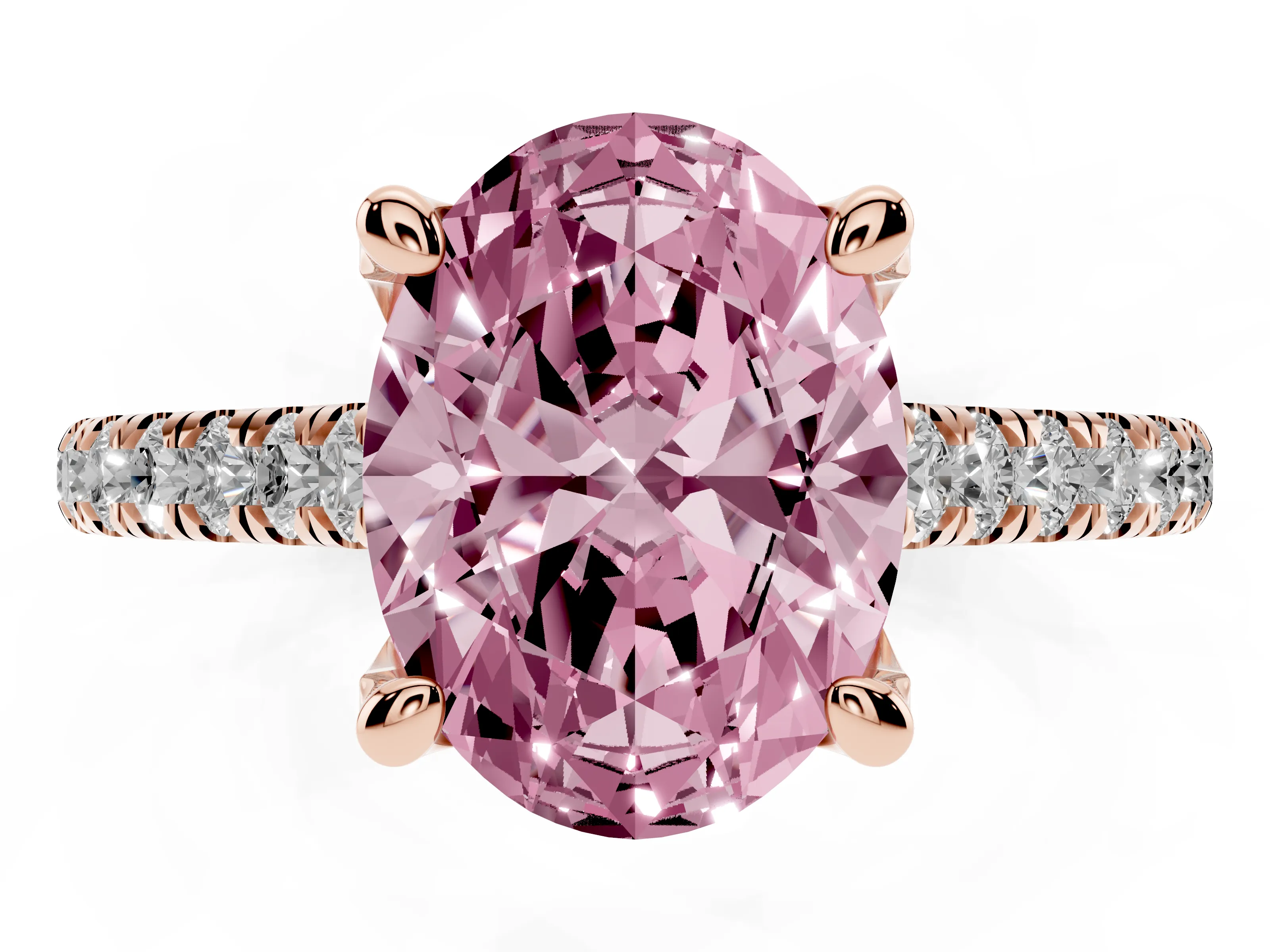 Fancy Pink Oval Cut Diamond Solitaire Ring Set in Rose gold with Brilliant Pavé Band and Prong Setting