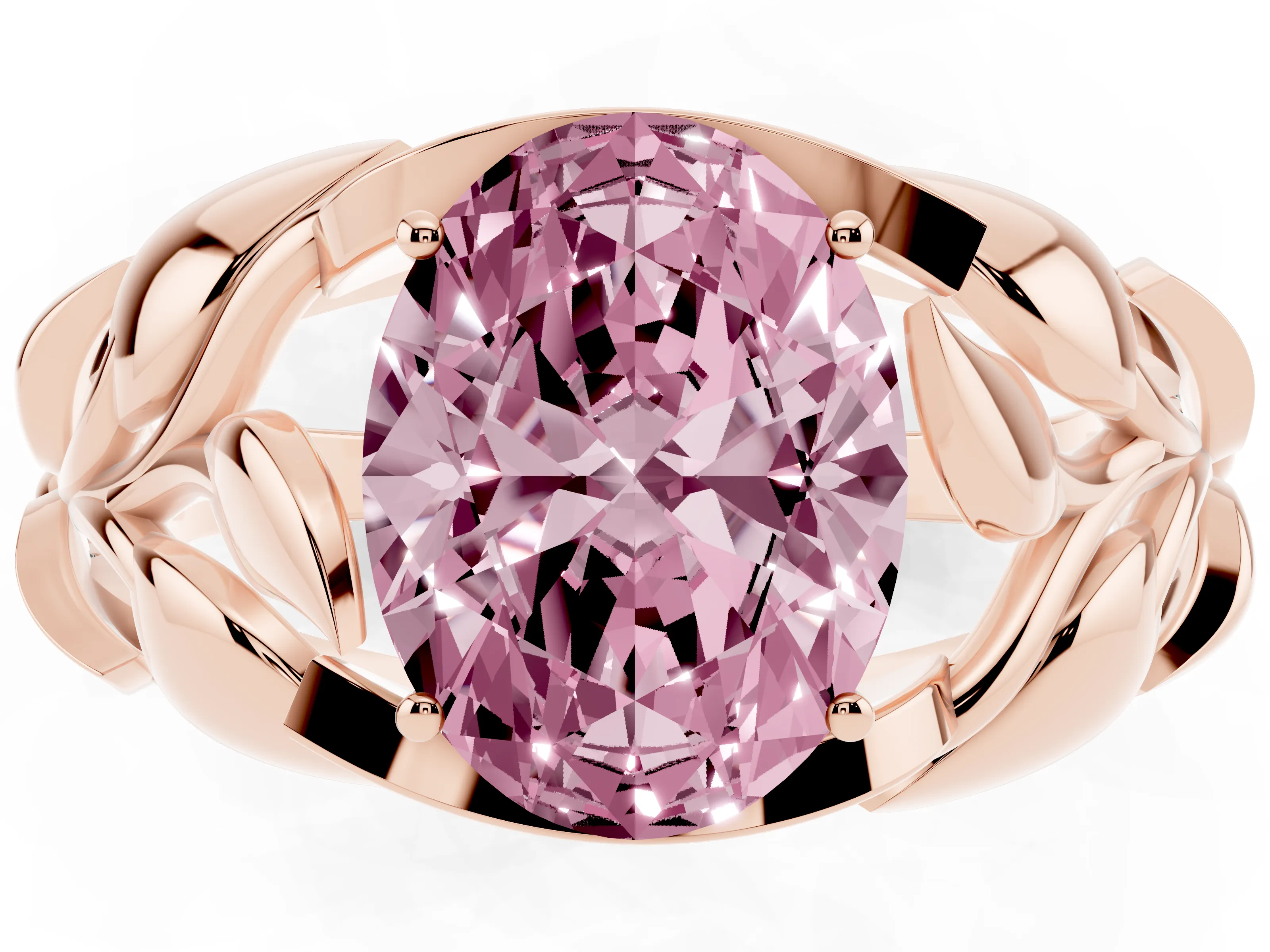 Fancy Pink Oval Cut Diamond Leaf-Inspired Engagement Ring Set in Rose gold with Round Accents