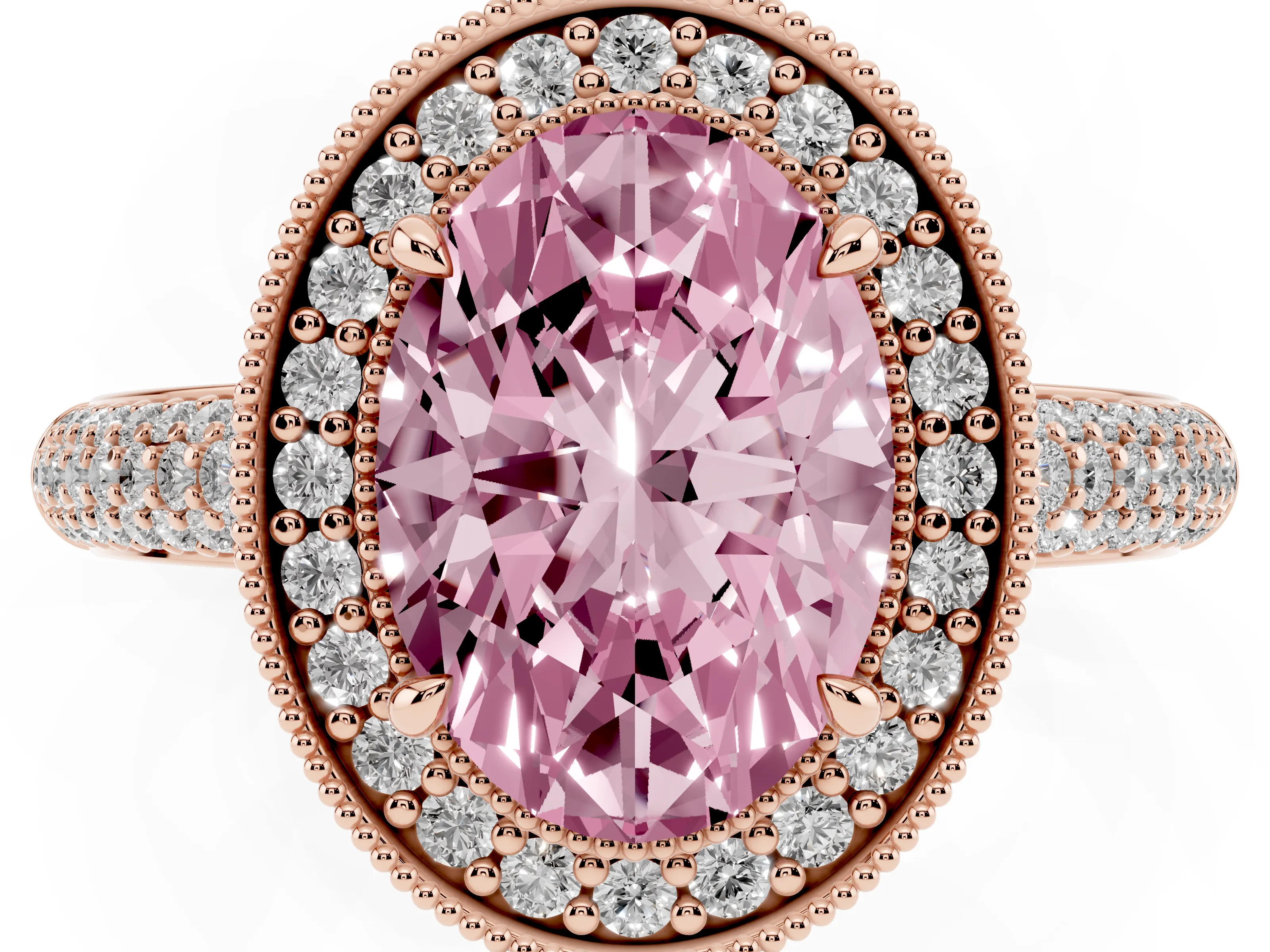 Fancy Pink Oval Cut Diamond Halo Pavé Band Set in Rose gold with Prong Setting