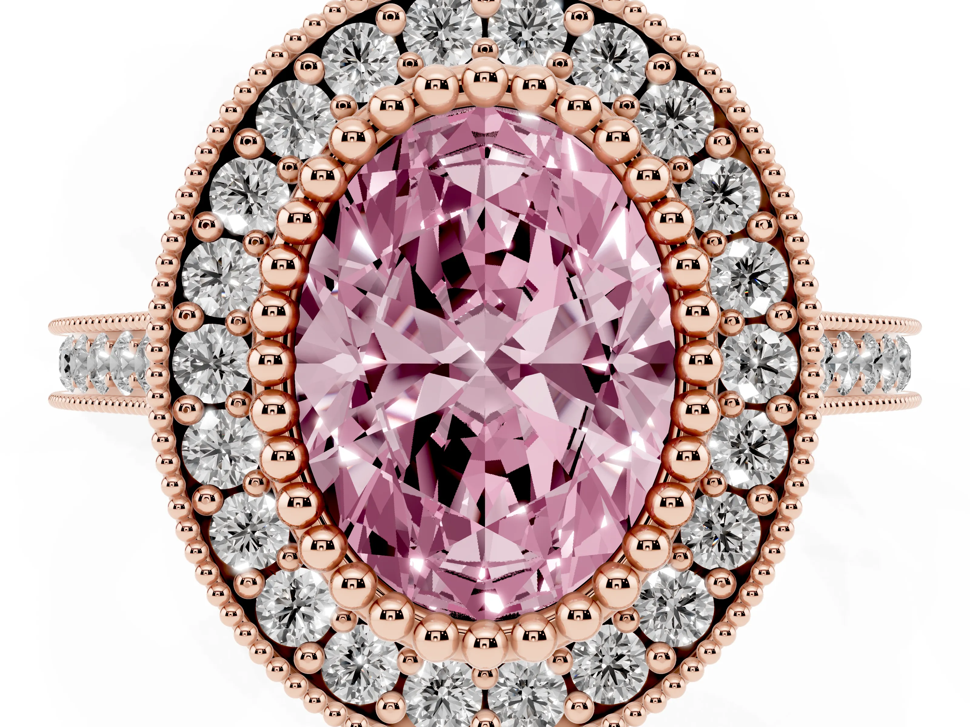 Fancy Pink Oval Cut Diamond Halo Ring Set in Rose gold with Milgrain Frame and Pavé Band