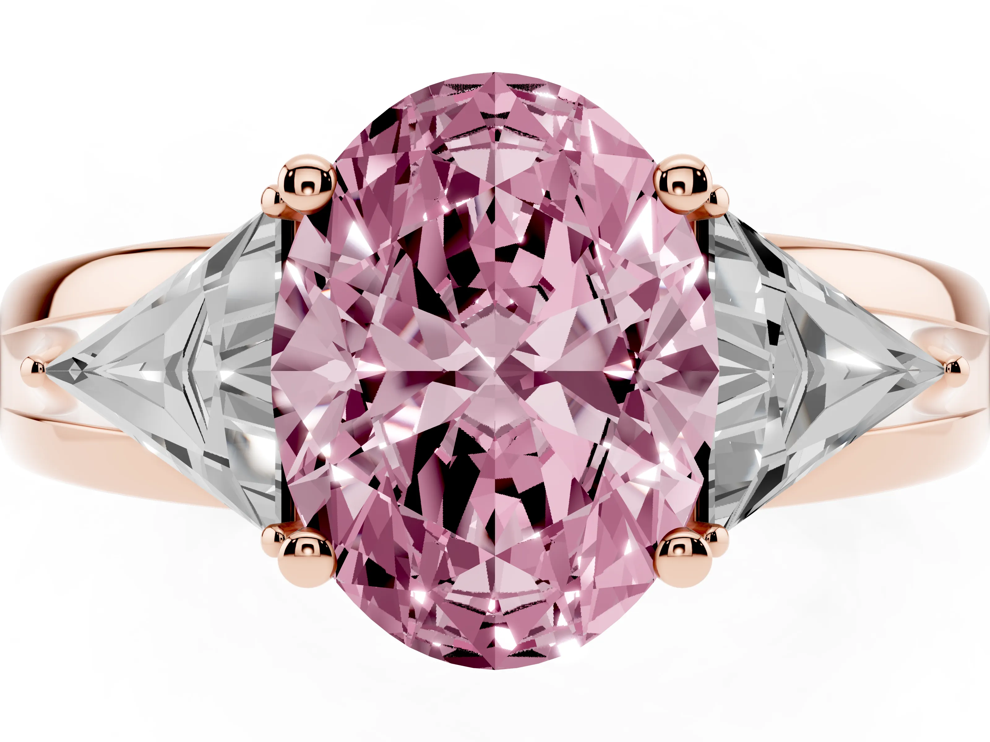 Fancy Pink Oval Cut Diamond Three-Stone Ring Set in Rose gold with Trillion Side Stones and Split Shank