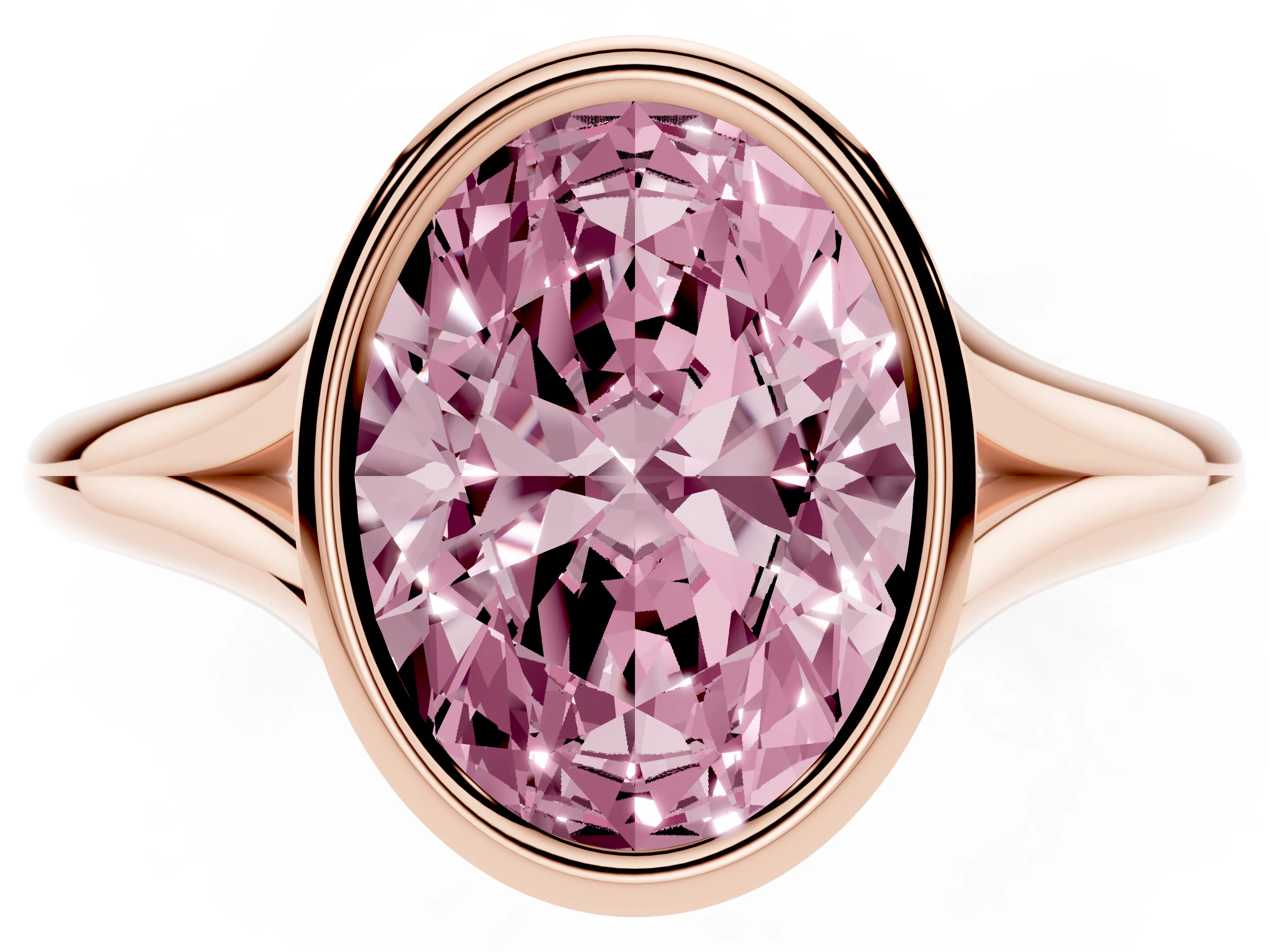 Fancy Pink Bezel Set Oval Cut Diamond Solitaire Ring Set in Rose gold with Tapered Band