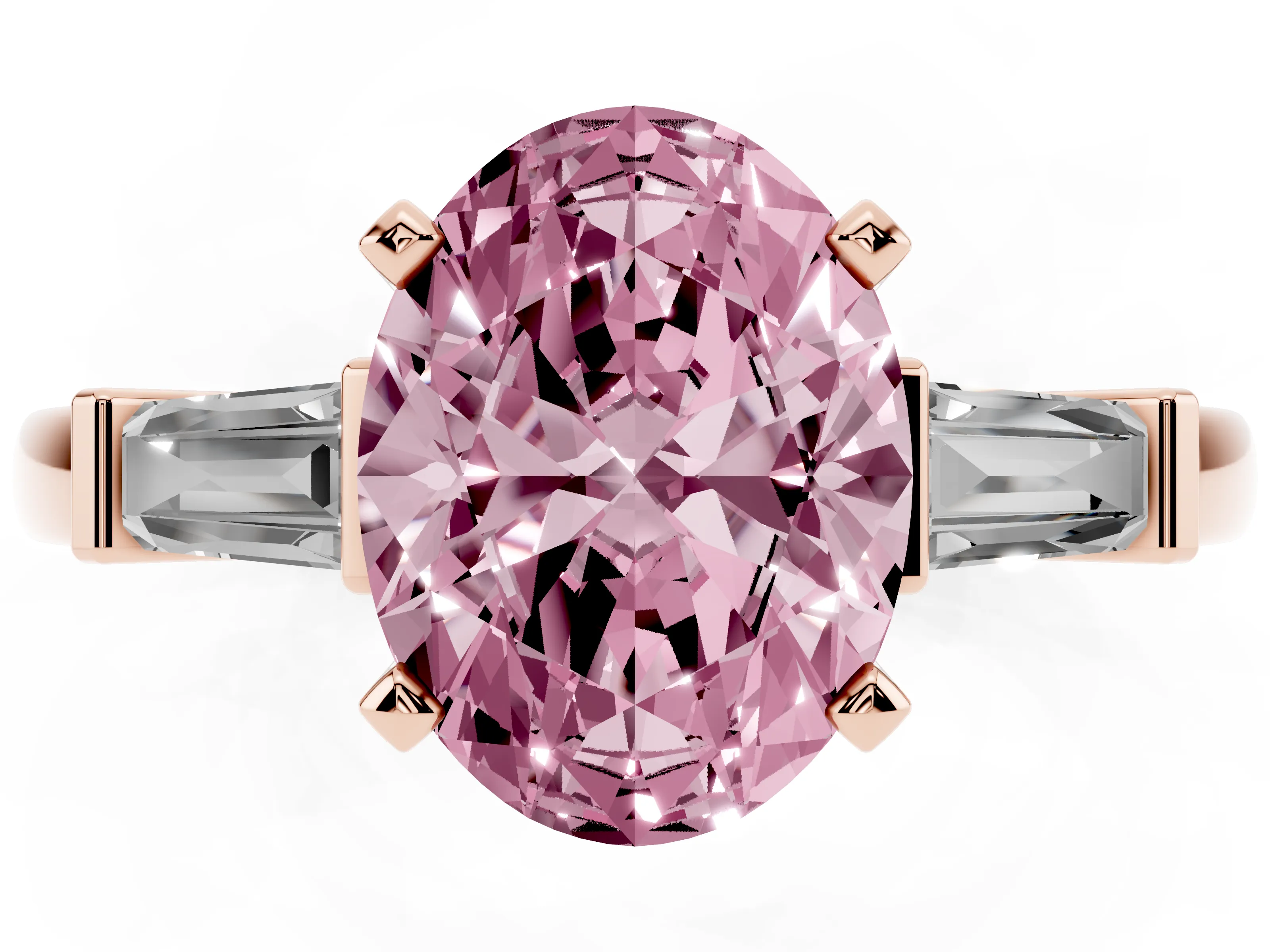 Fancy Pink Oval Cut Diamond Solitaire Ring Set in Rose gold with Tapered Baguette Accents and Prong Setting