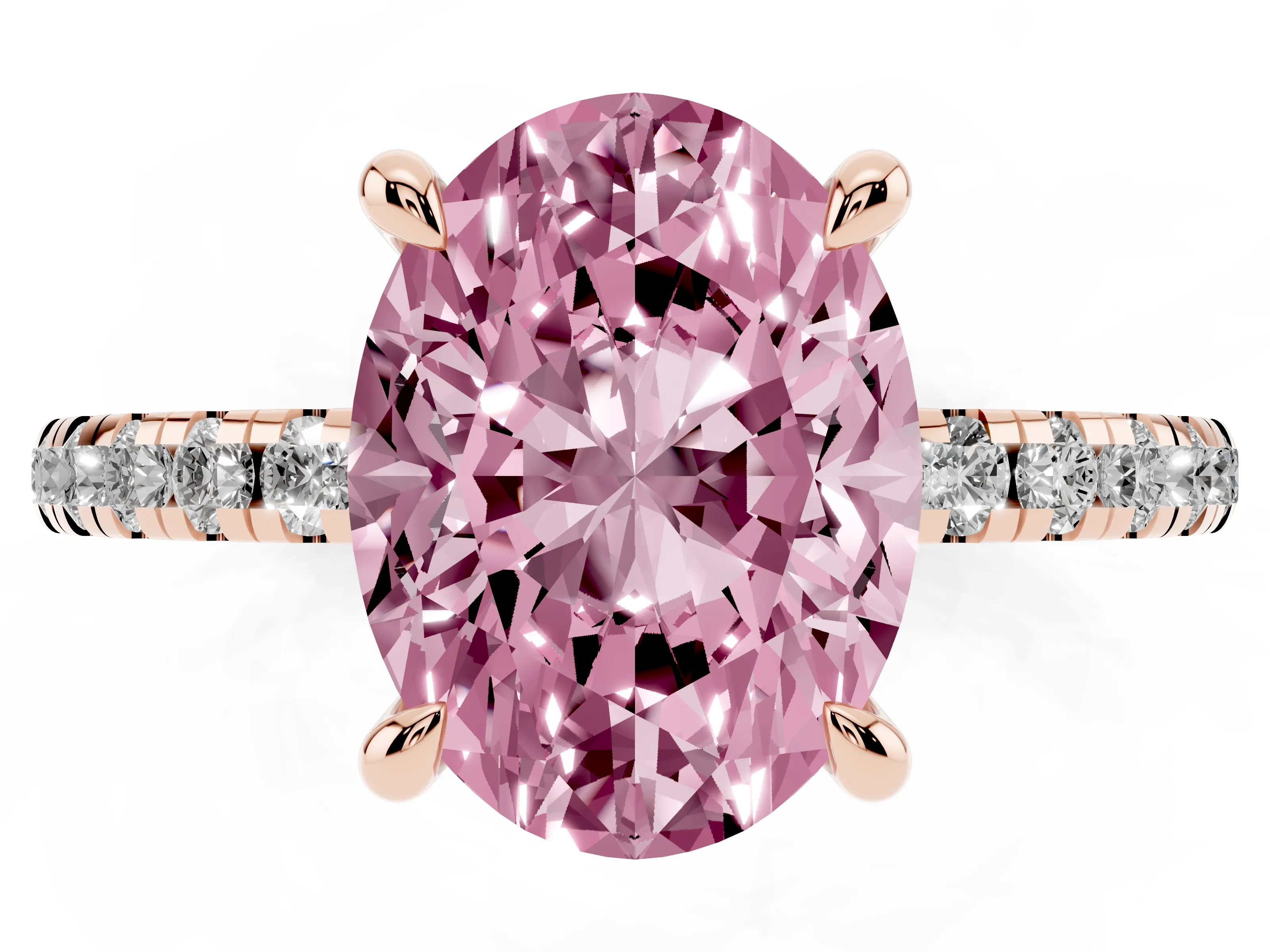 Fancy Pink Oval Cut Diamond Brilliant Solitaire Ring Set in Rose gold with Pavé Band and Prong Setting