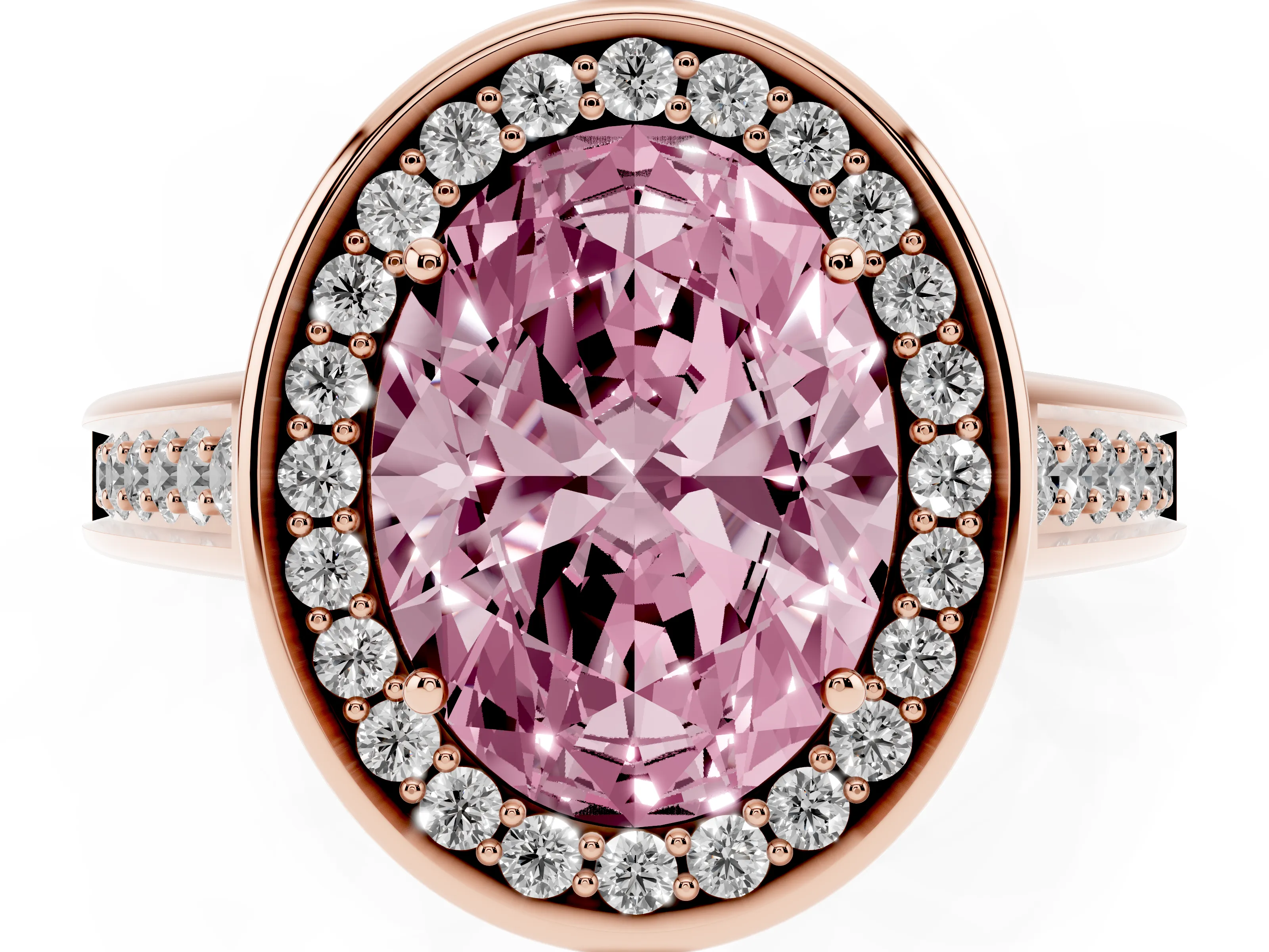 Fancy Pink Oval Cut Diamond Halo Solitaire Ring Set in Rose gold with Pavé Band and Bezel Setting