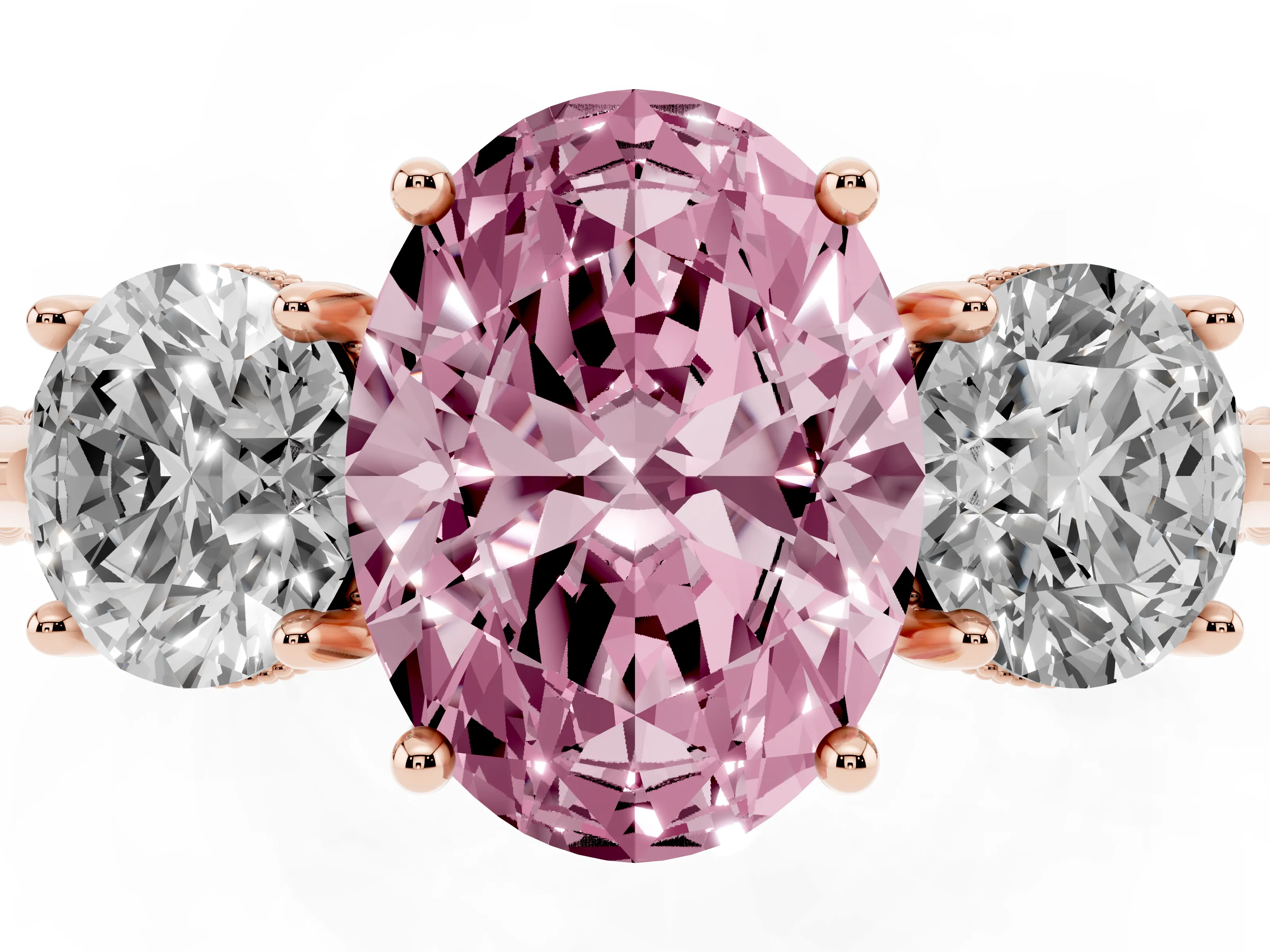 Fancy Pink Oval Cut Diamond Three-Stone Ring Set in Rose gold with Milgrain Band