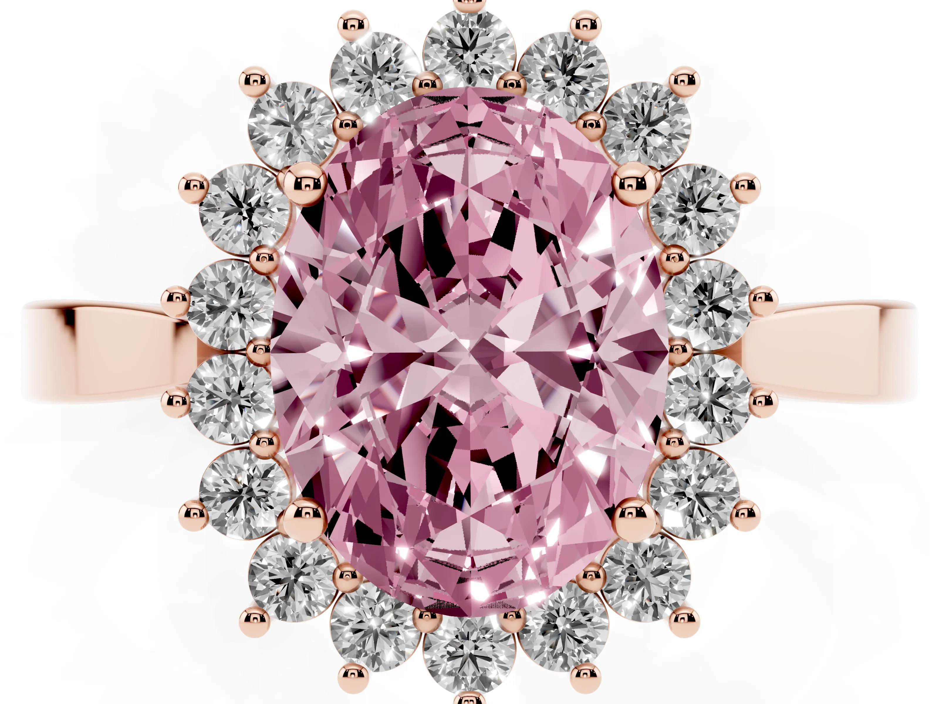 Fancy Pink Oval Cut Diamond Halo Ring Set in Rose gold with Round Halo and Smooth Solitaire Band