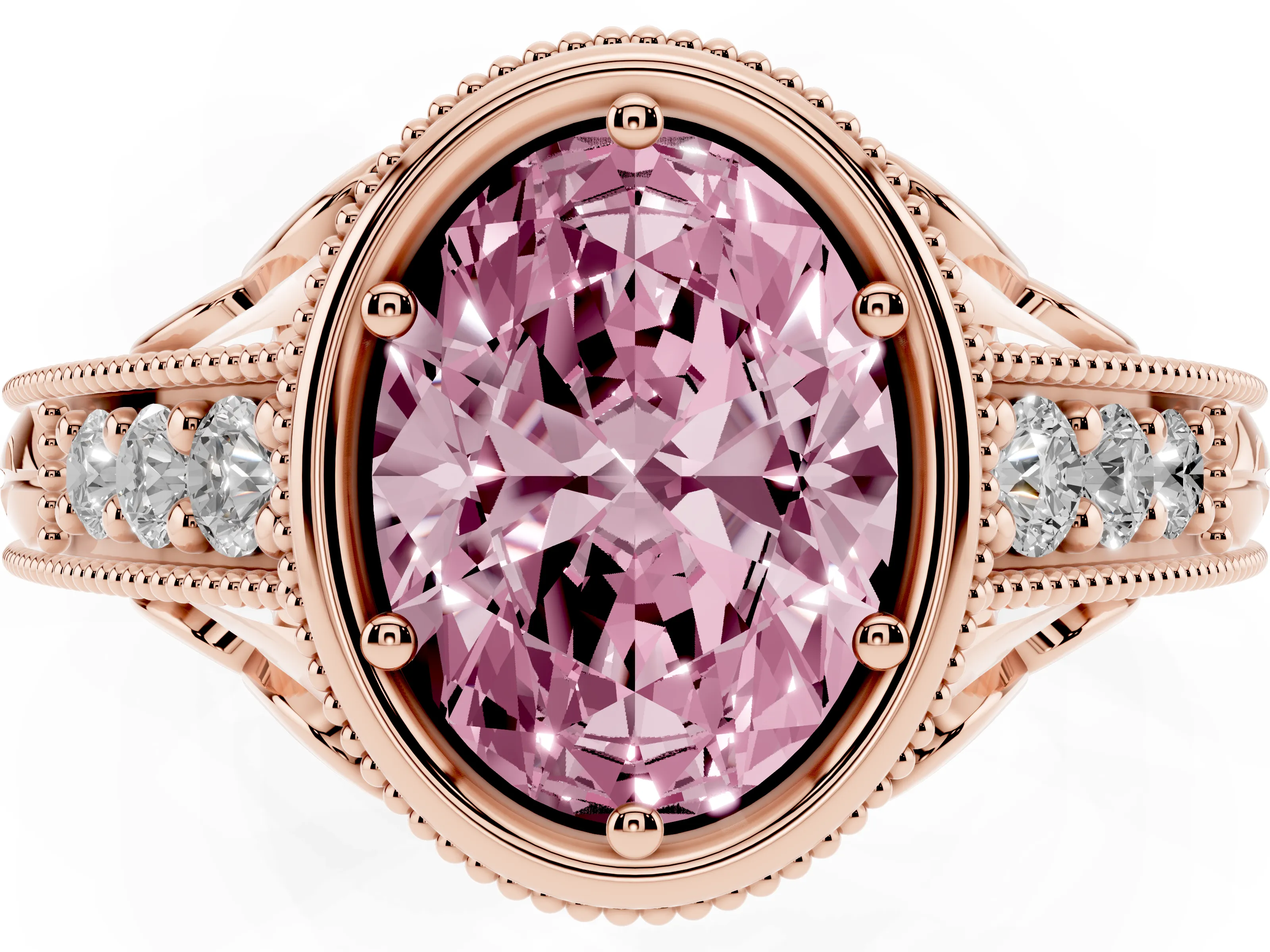 Fancy Pink Bezel Set Oval Cut Diamond Milgrain Pavé Engagement Ring Set in Rose gold