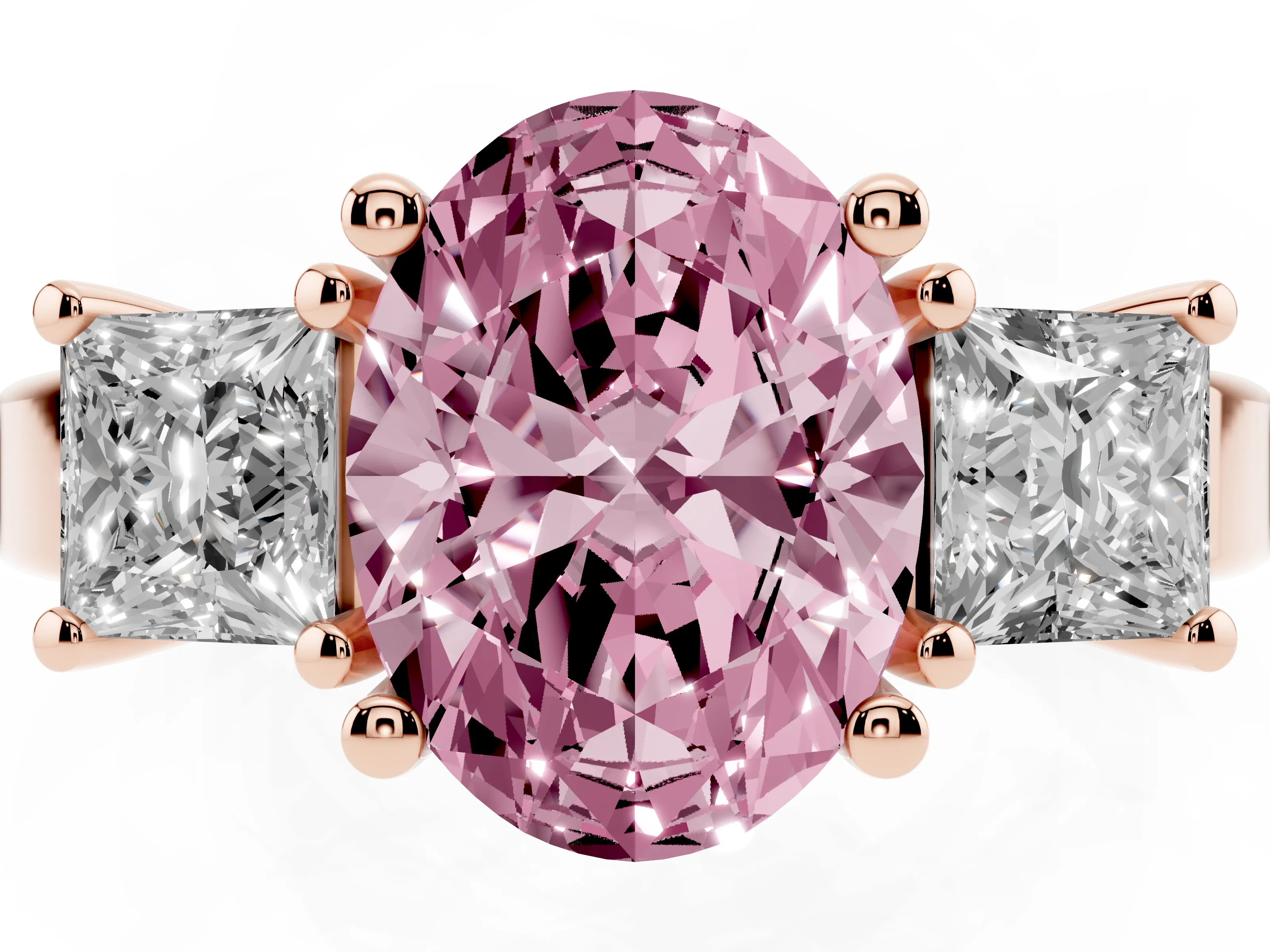 Fancy Pink Three-Stone Oval Cut Diamond Solitaire Ring Set in Rose gold with Prong Setting