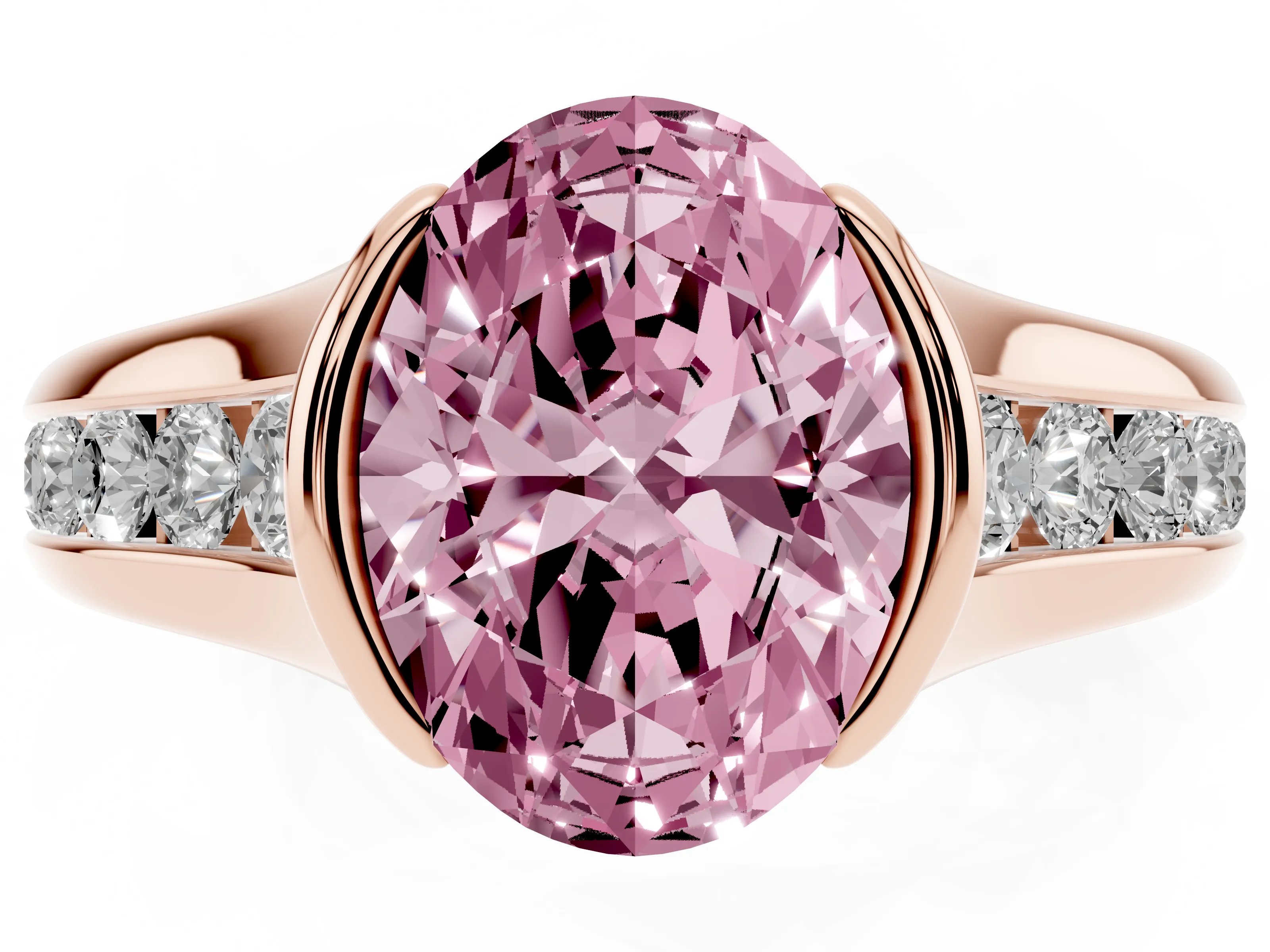 Fancy Pink Oval Cut Diamond Bezel-Set Solitaire Ring Set in Rose gold with Channel-Set Band