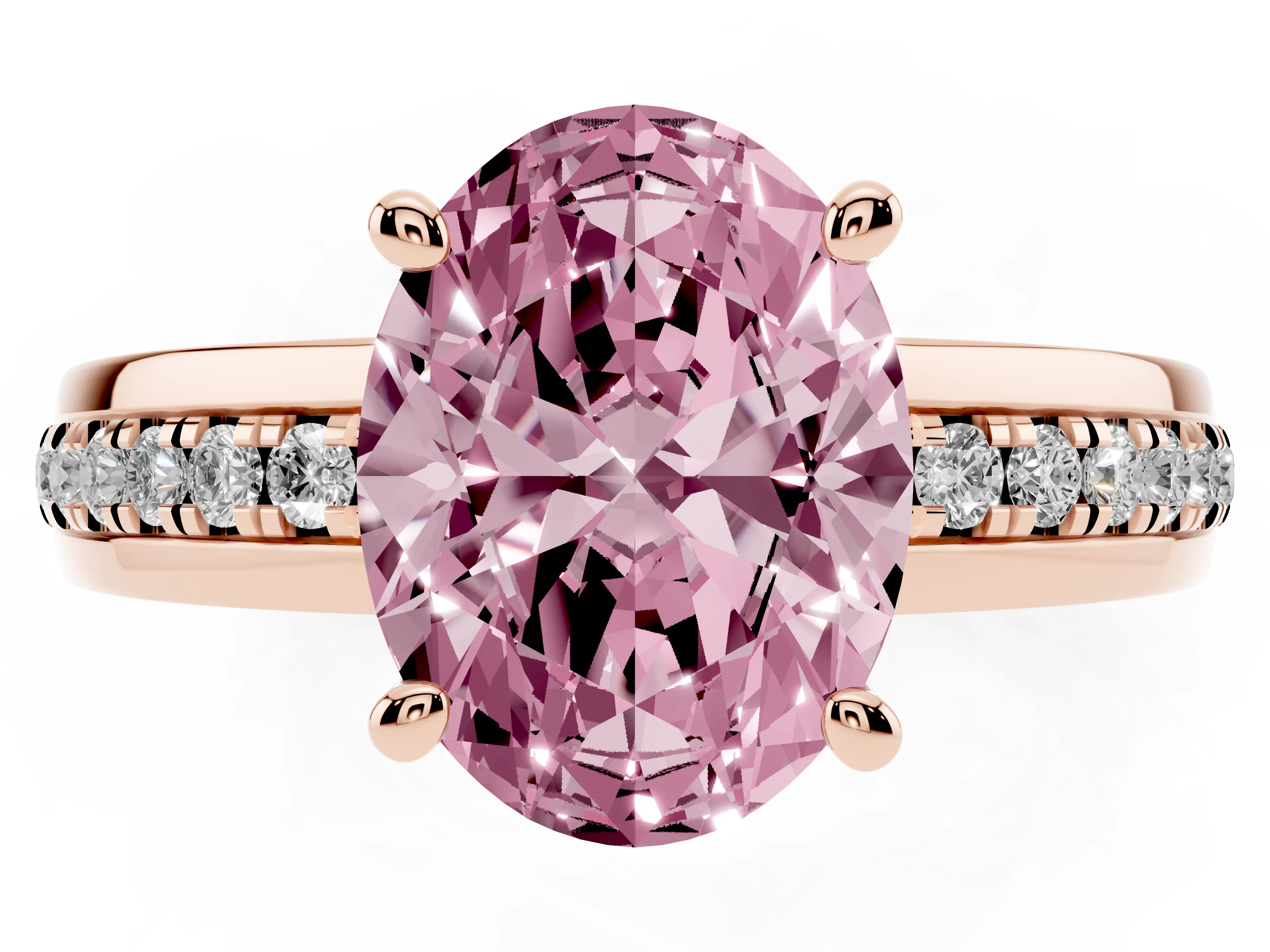 Fancy Pink Oval Cut Diamond Solitaire Ring Set in Rose gold with Channel Set Band and Prong Setting