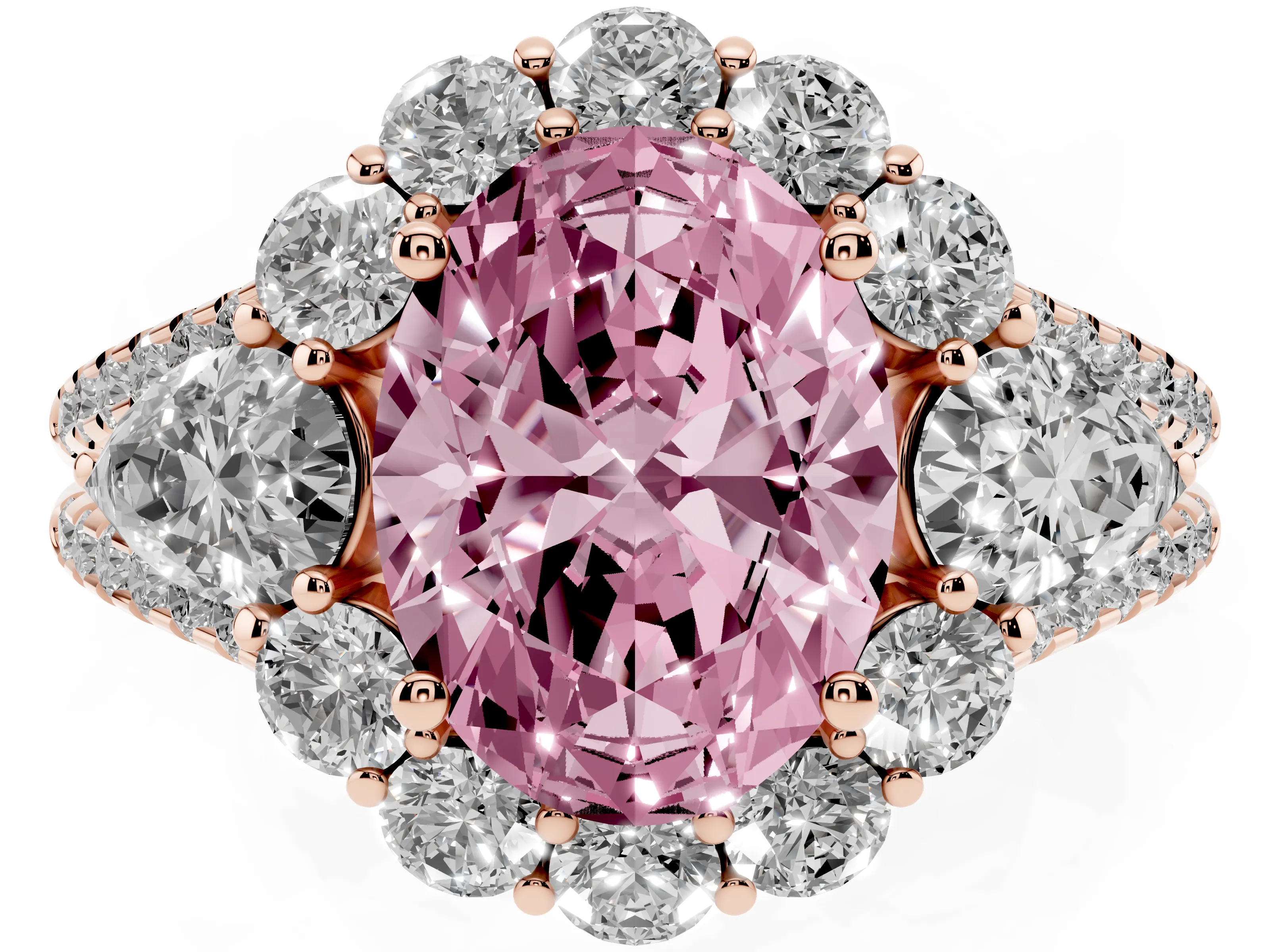 Fancy Pink Oval Cut Diamond Halo Split Shank Engagement Ring Set in Rose gold with Prong-Held Center Stone