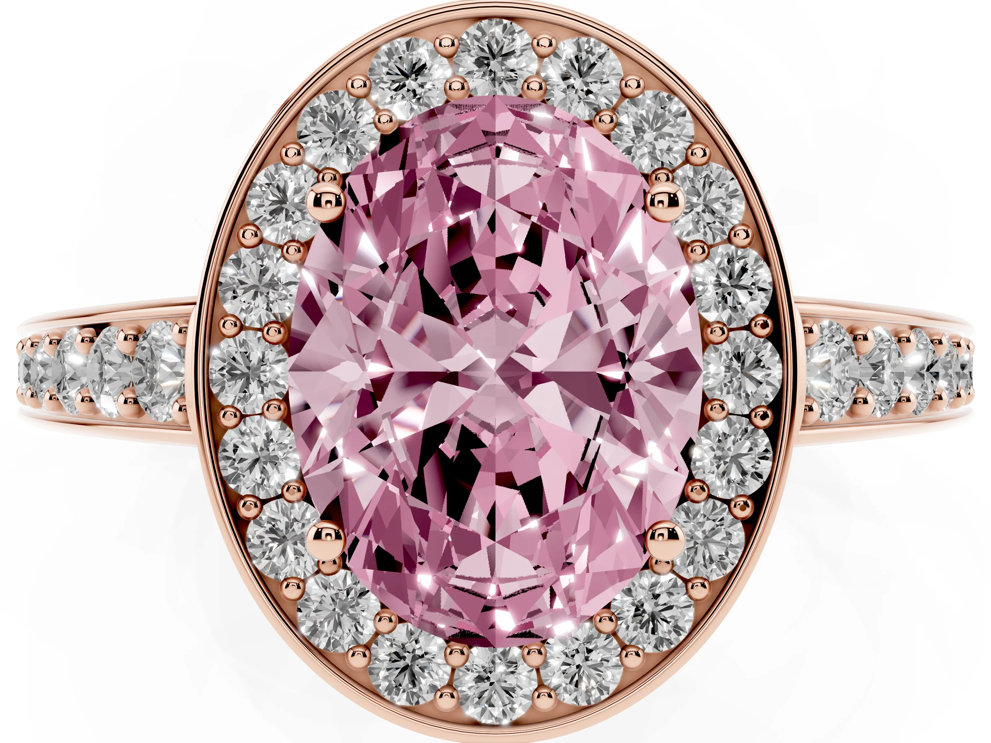 Fancy Pink Oval Cut Diamond Halo Pavé Engagement Ring Set in Rose gold with Bezel Setting
