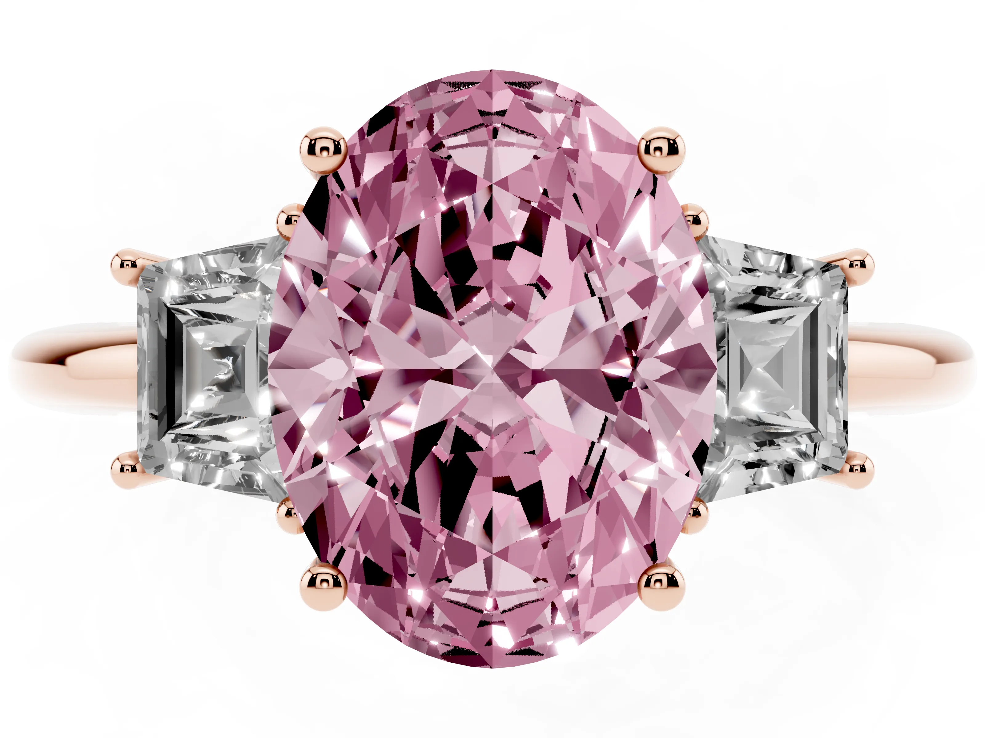 Fancy Pink Oval Cut Diamond Three-Stone Ring Set in Rose gold with Trapezoid Side Stones and Prong Setting