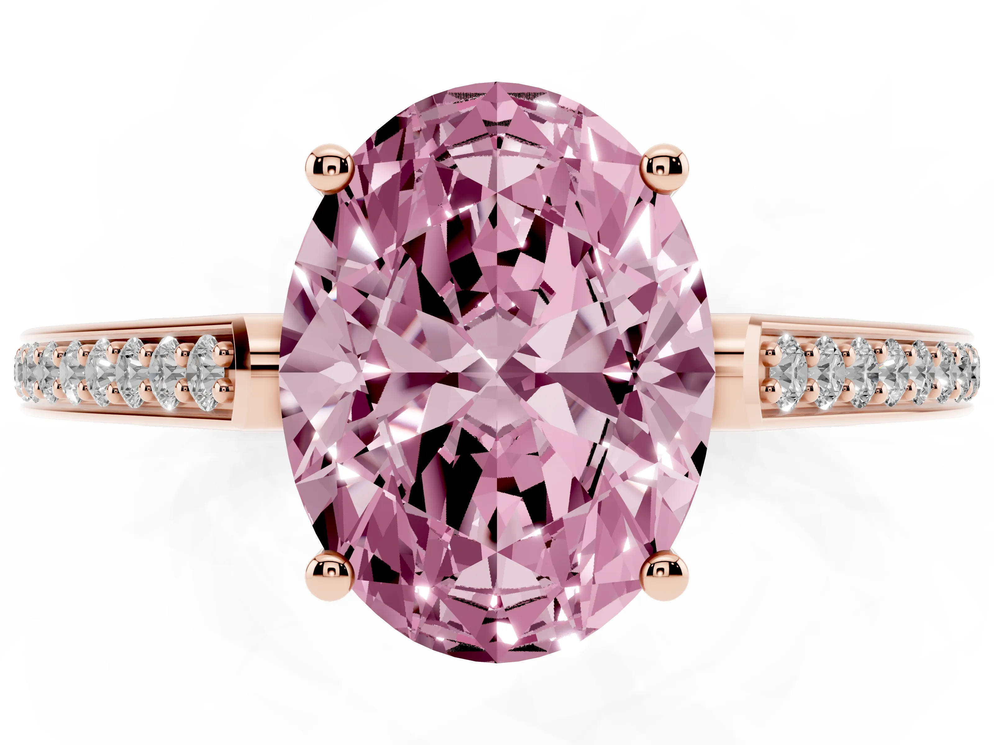 Fancy Pink Oval Cut Diamond Cathedral Pavé Engagement Ring Set in Rose gold with Prong Setting