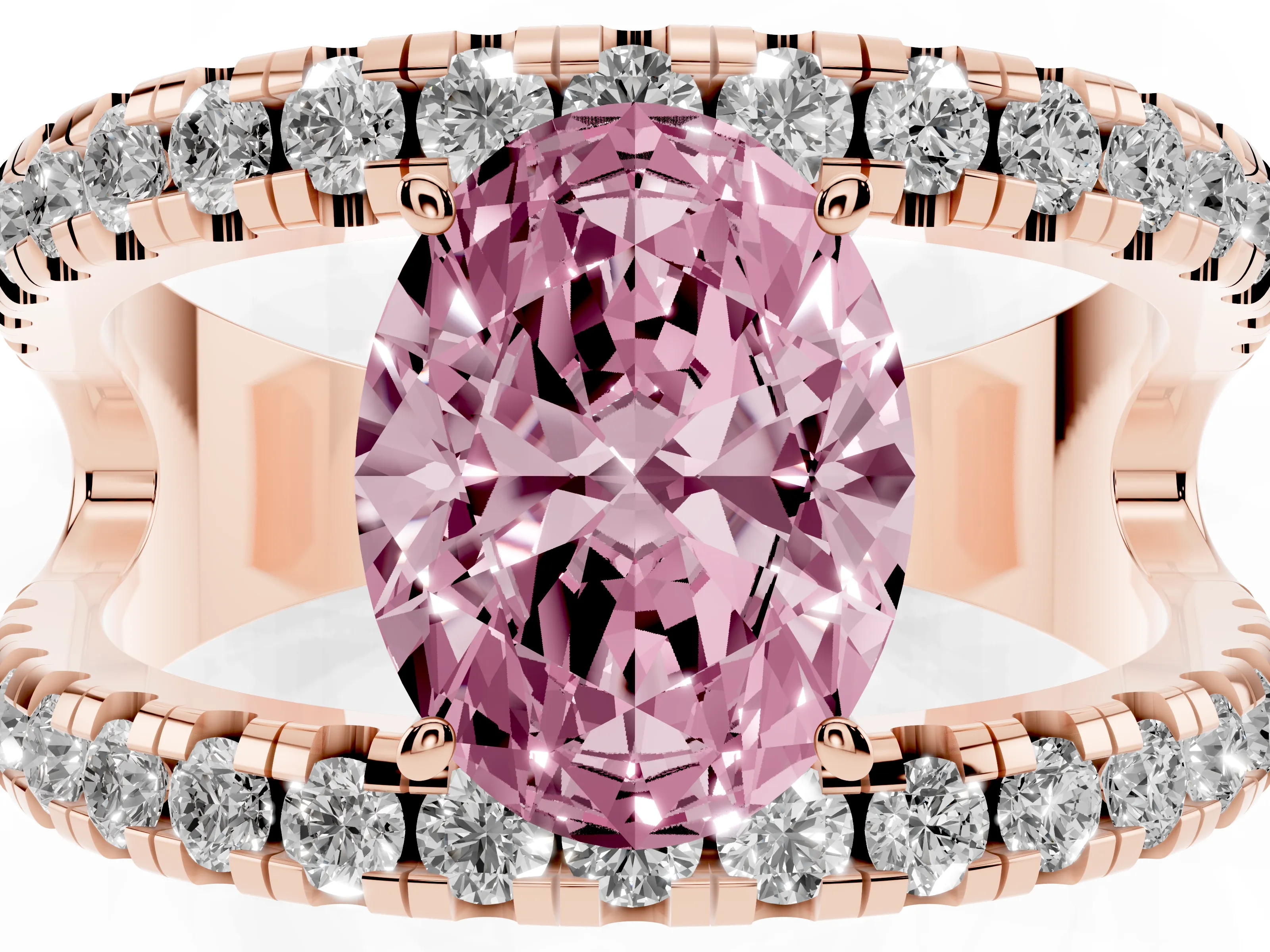 Fancy Pink Oval Cut Diamond Split Shank Pavé Solitaire Ring Set in Rose gold with Open Shank Design