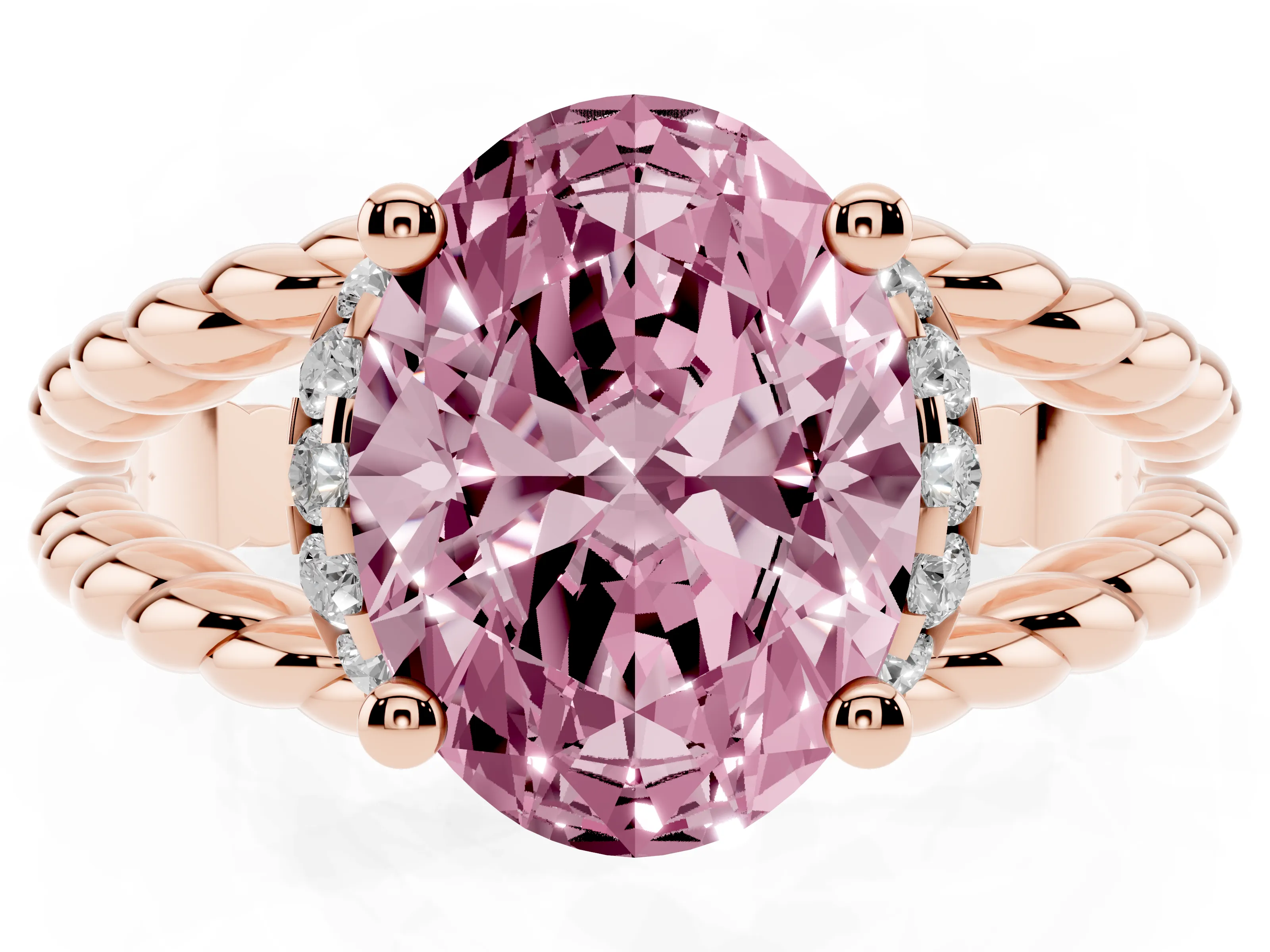 Fancy Pink Oval Cut Diamond Halo Ring Set in Rose gold with Twisted Band and Prong Setting