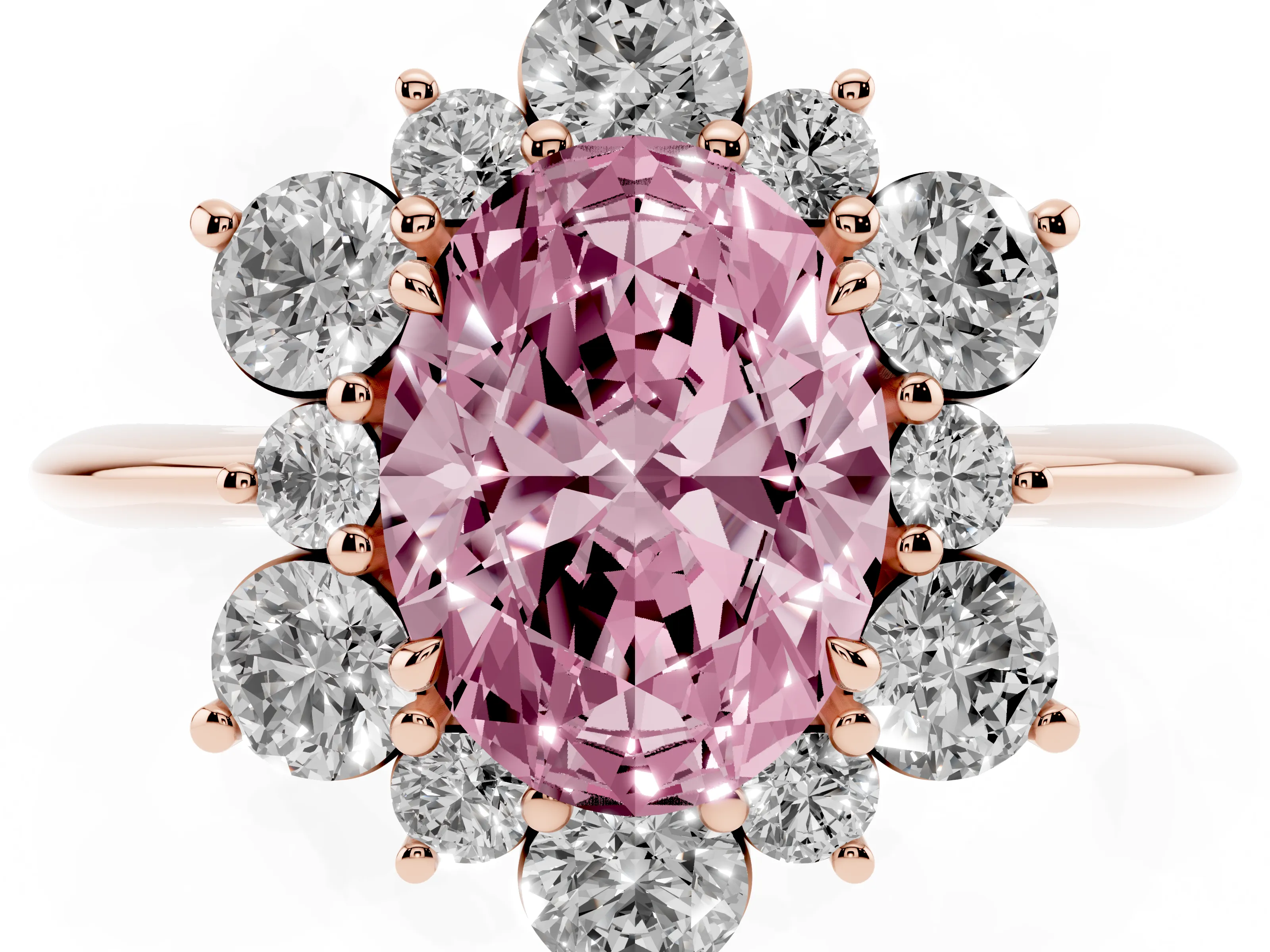 Fancy Pink Oval Cut Diamond Cluster Halo Ring Set in Rose gold with Solitaire Band and Prong Setting