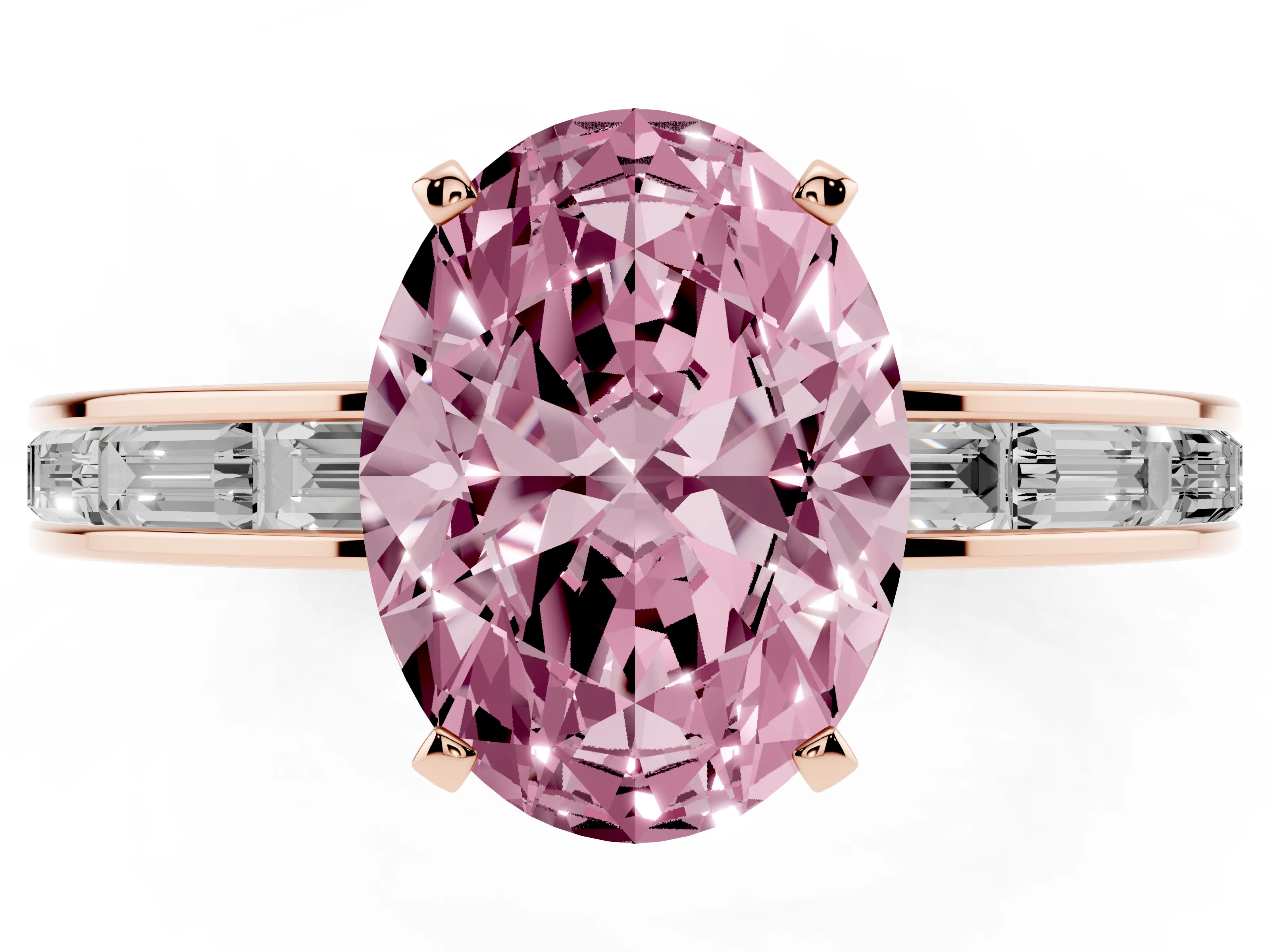 Fancy Pink Oval Cut Diamond Solitaire Ring Set in Rose gold with Channel-Set Baguette Band and Prong Setting