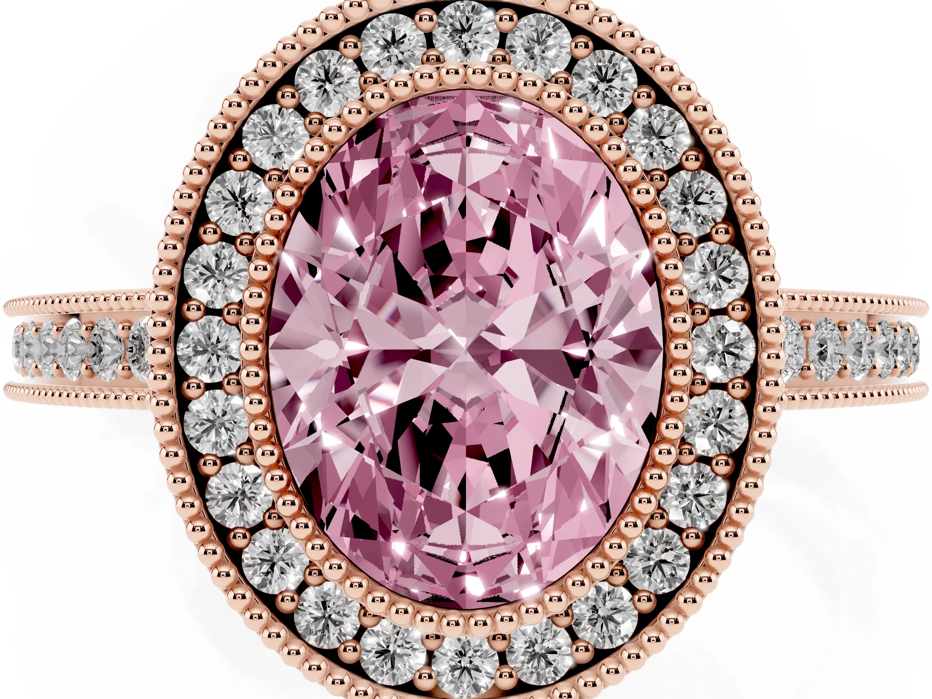 Fancy Pink Oval Cut Diamond Halo Ring Set in Rose gold with Pavé Band and Milgrain-Edged Prongs