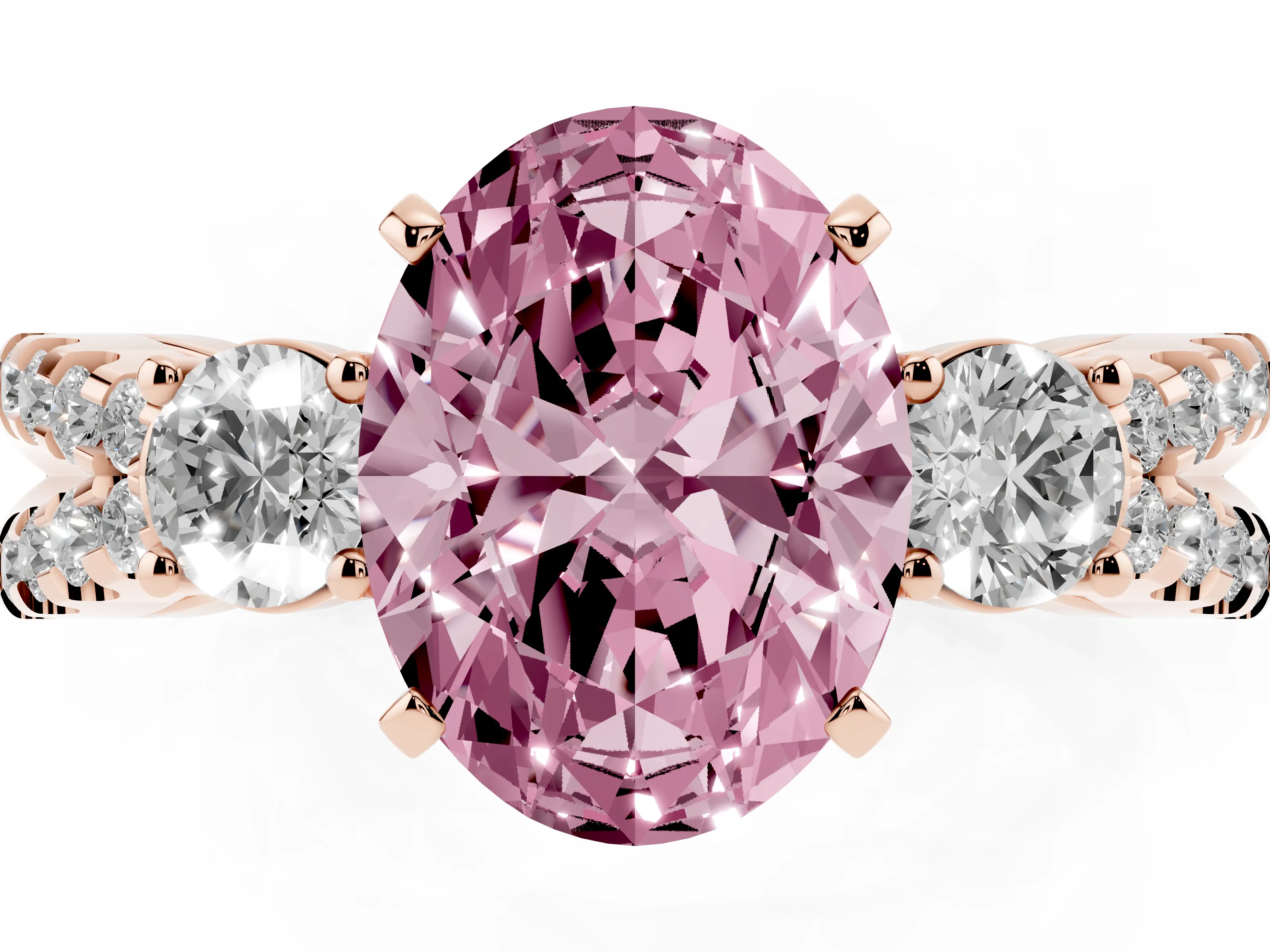 Fancy Pink Oval Cut Diamond Three-Stone Ring Set in Rose gold with Pavé Split Shank and Prong Setting