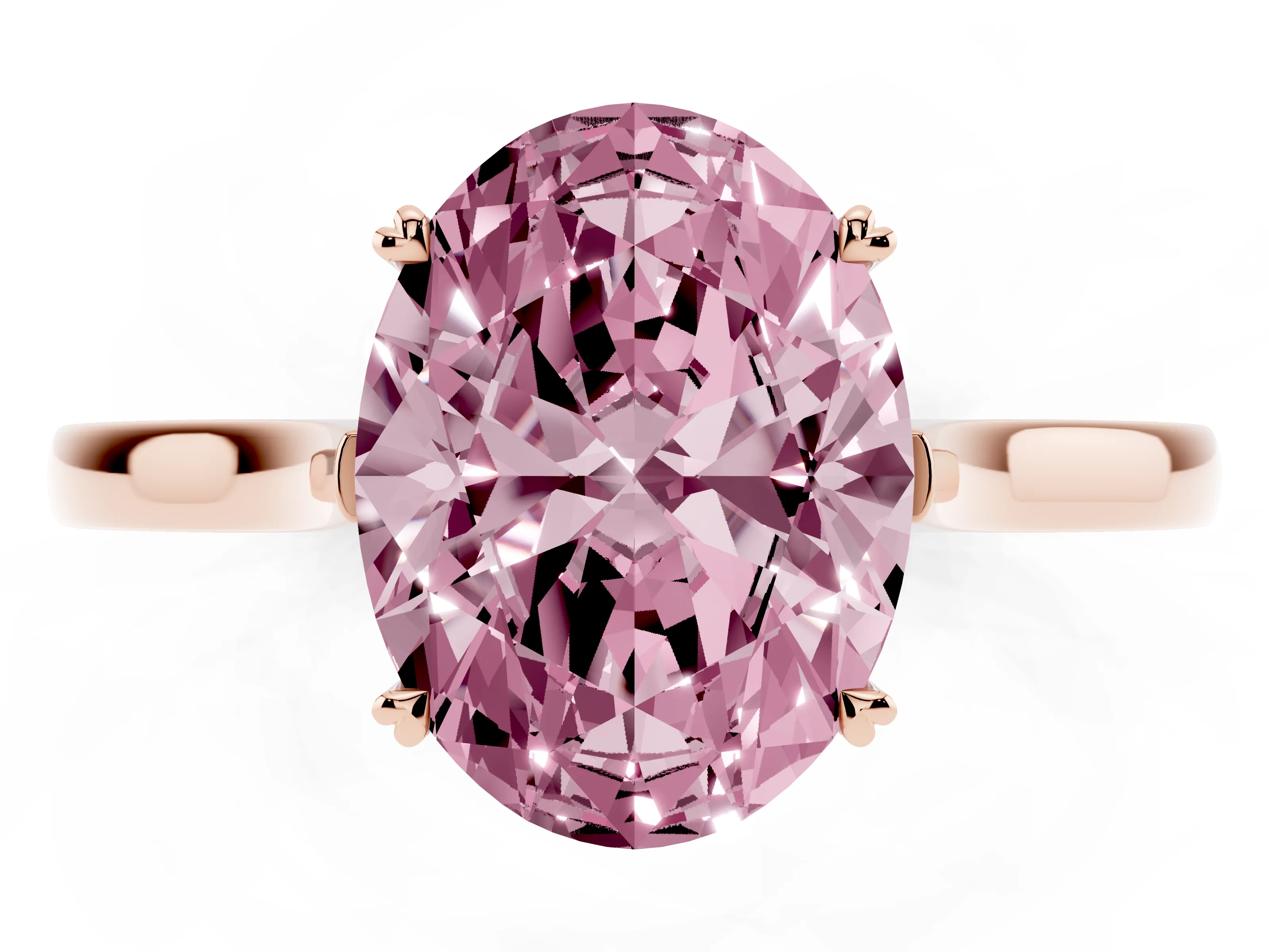 Fancy Pink Oval Cut Diamond Solitaire Heart Prong Engagement Ring Set in Rose gold with Tapered Band