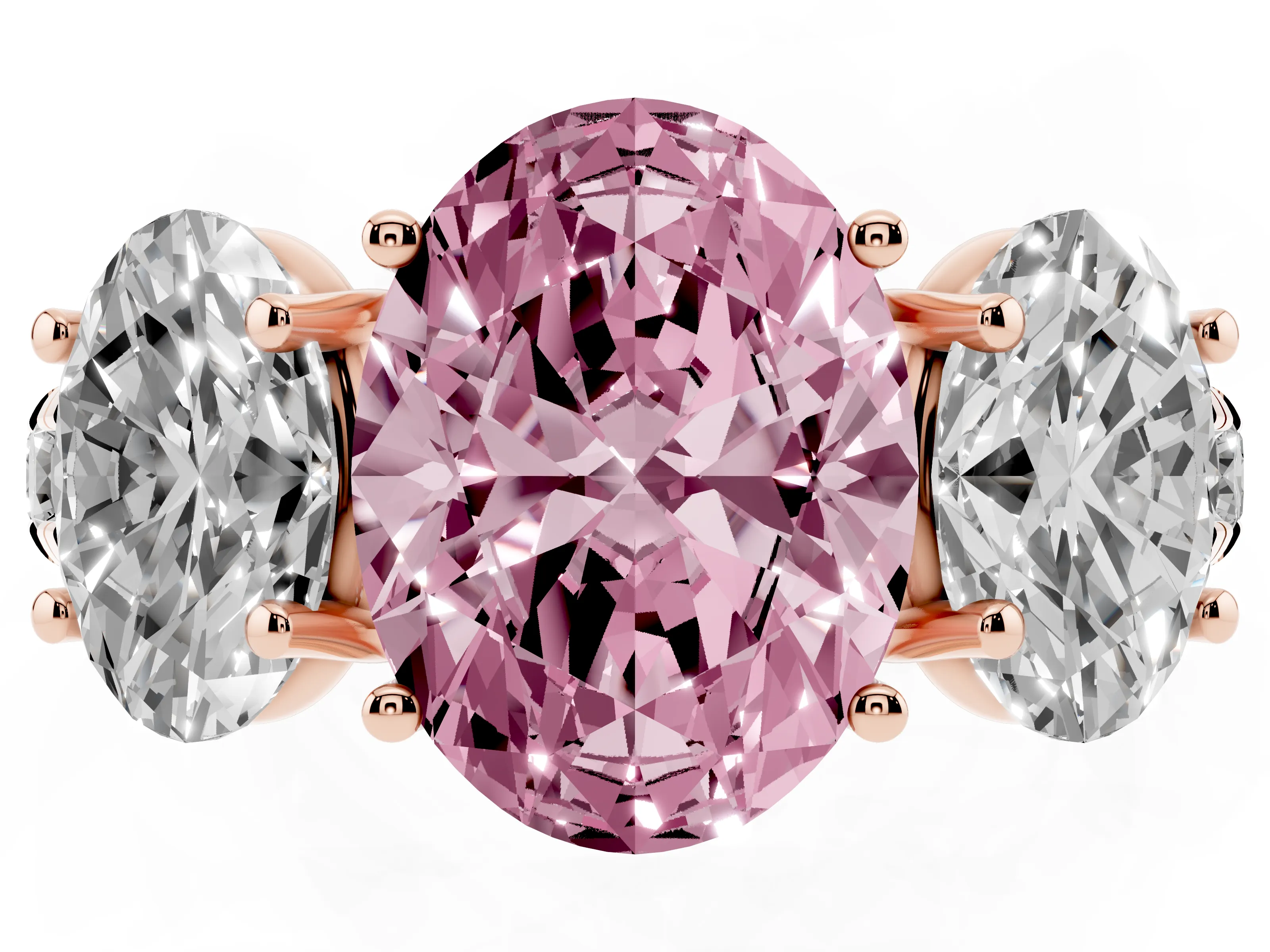 Fancy Pink Oval Cut Diamond Three-Stone Ring Set in Rose gold with Pavé Band