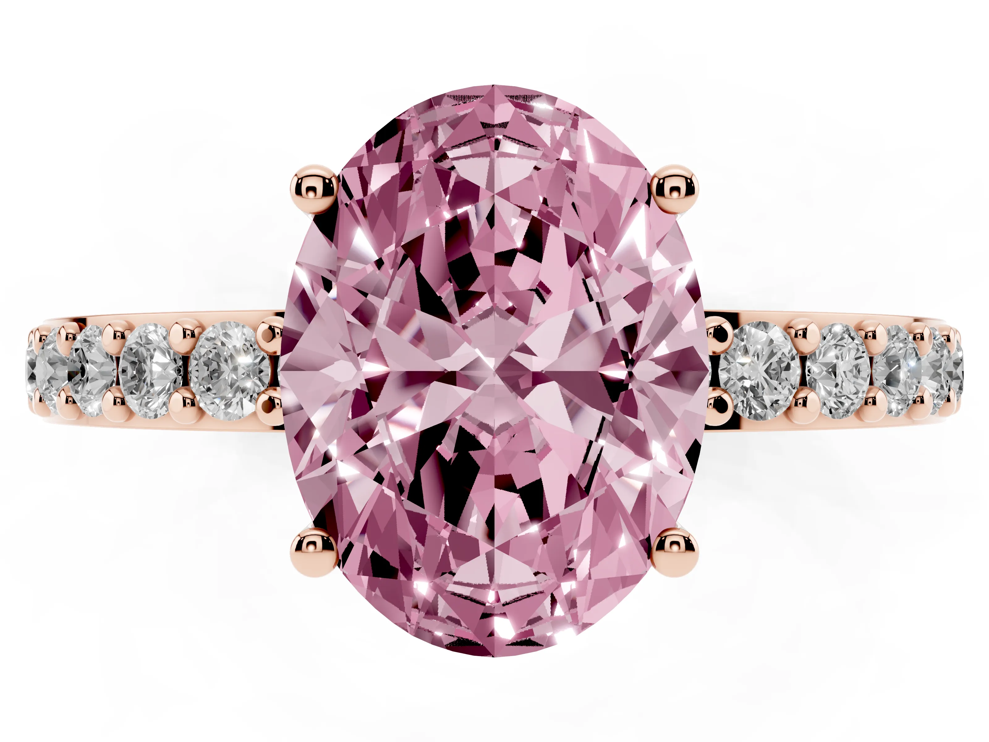 Fancy Pink Oval Cut Diamond Solitaire Set in Rose gold with Round Pavé Band and Prong Setting