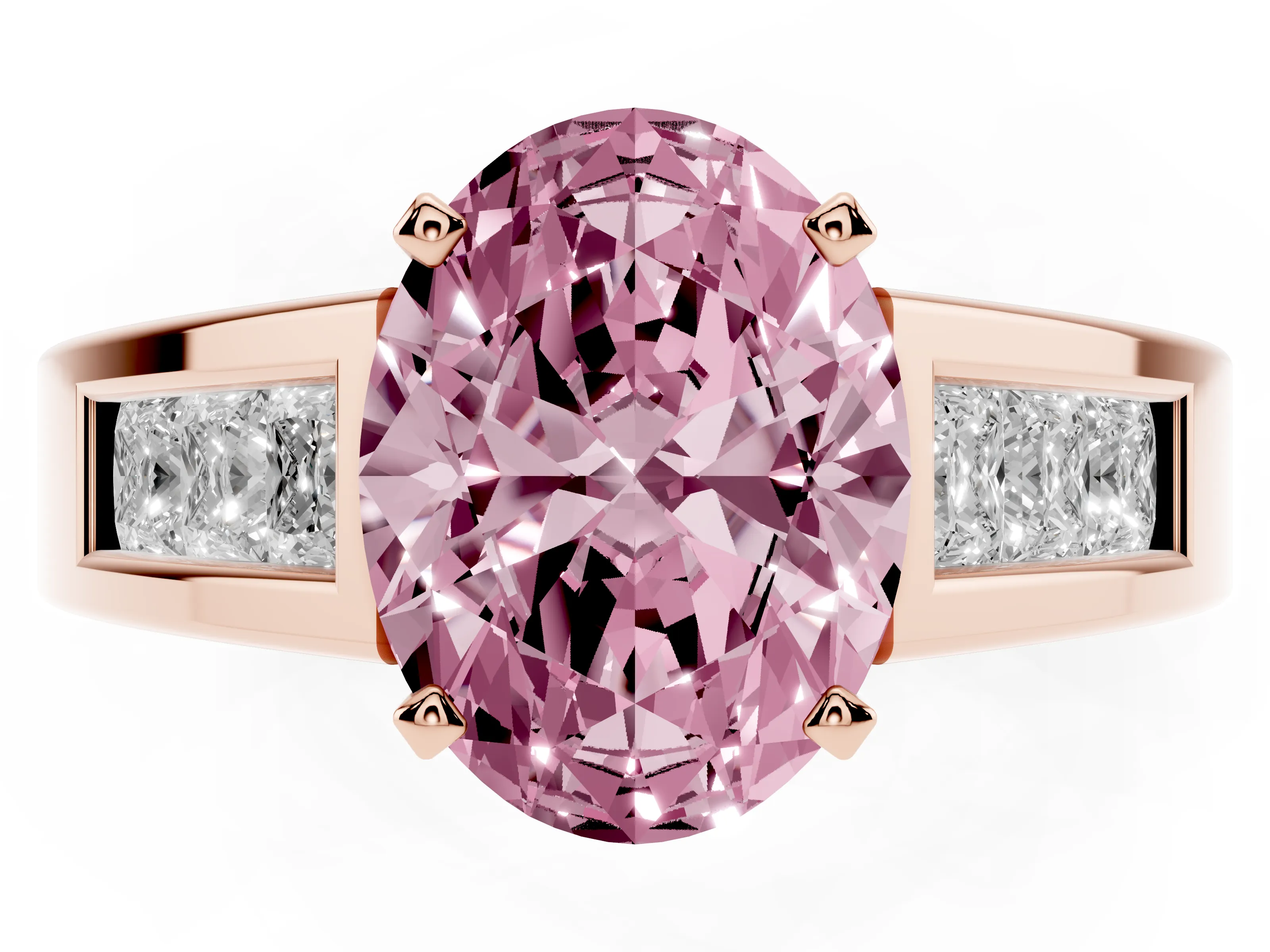 Fancy Pink Oval Cut Diamond Solitaire Ring Set in Rose gold with Channel-Set Accent Stones and Prong Setting