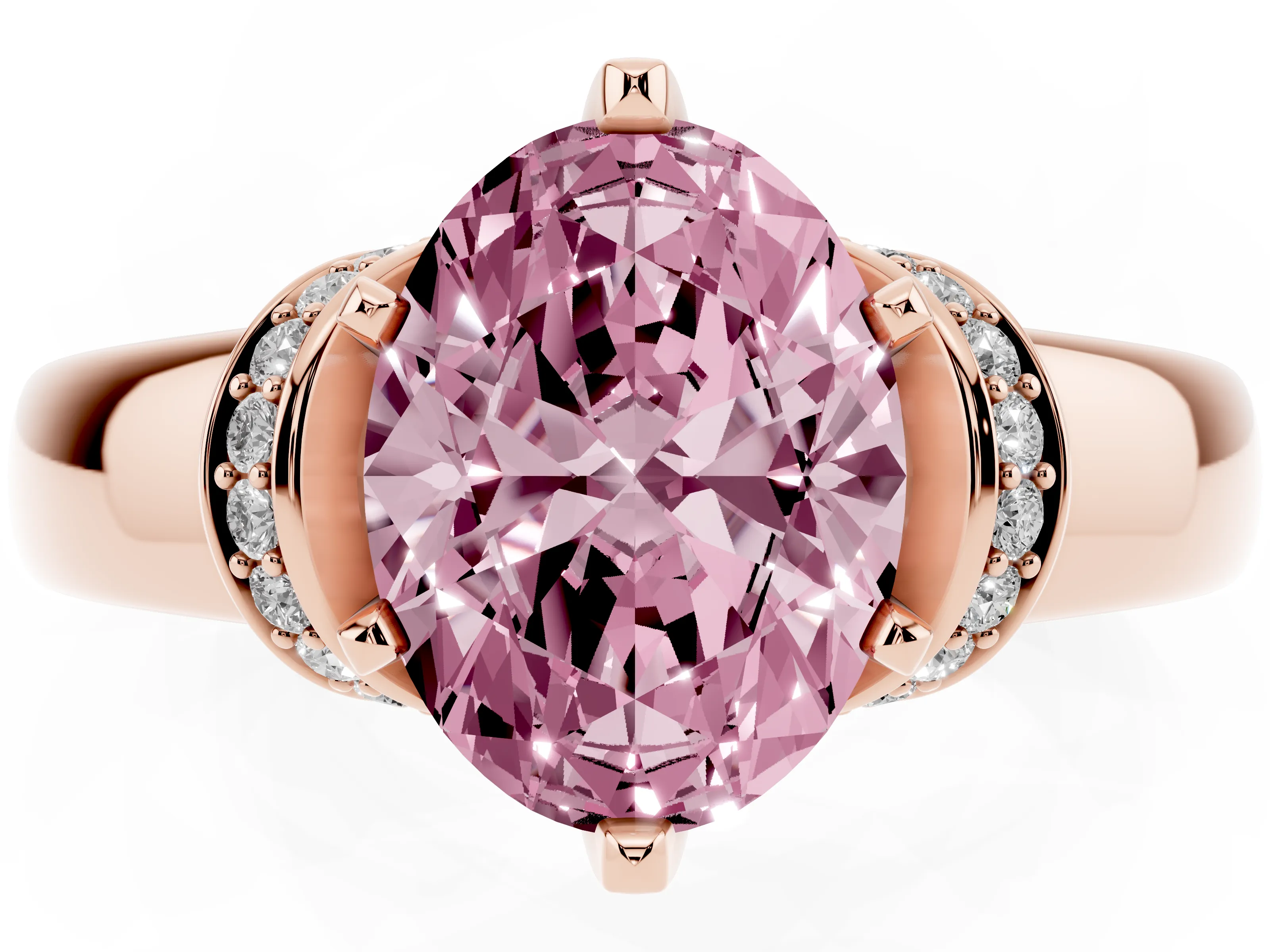 Fancy Pink Oval Cut Diamond Pavé Band Solitaire Ring Set in Rose gold with Prong Setting