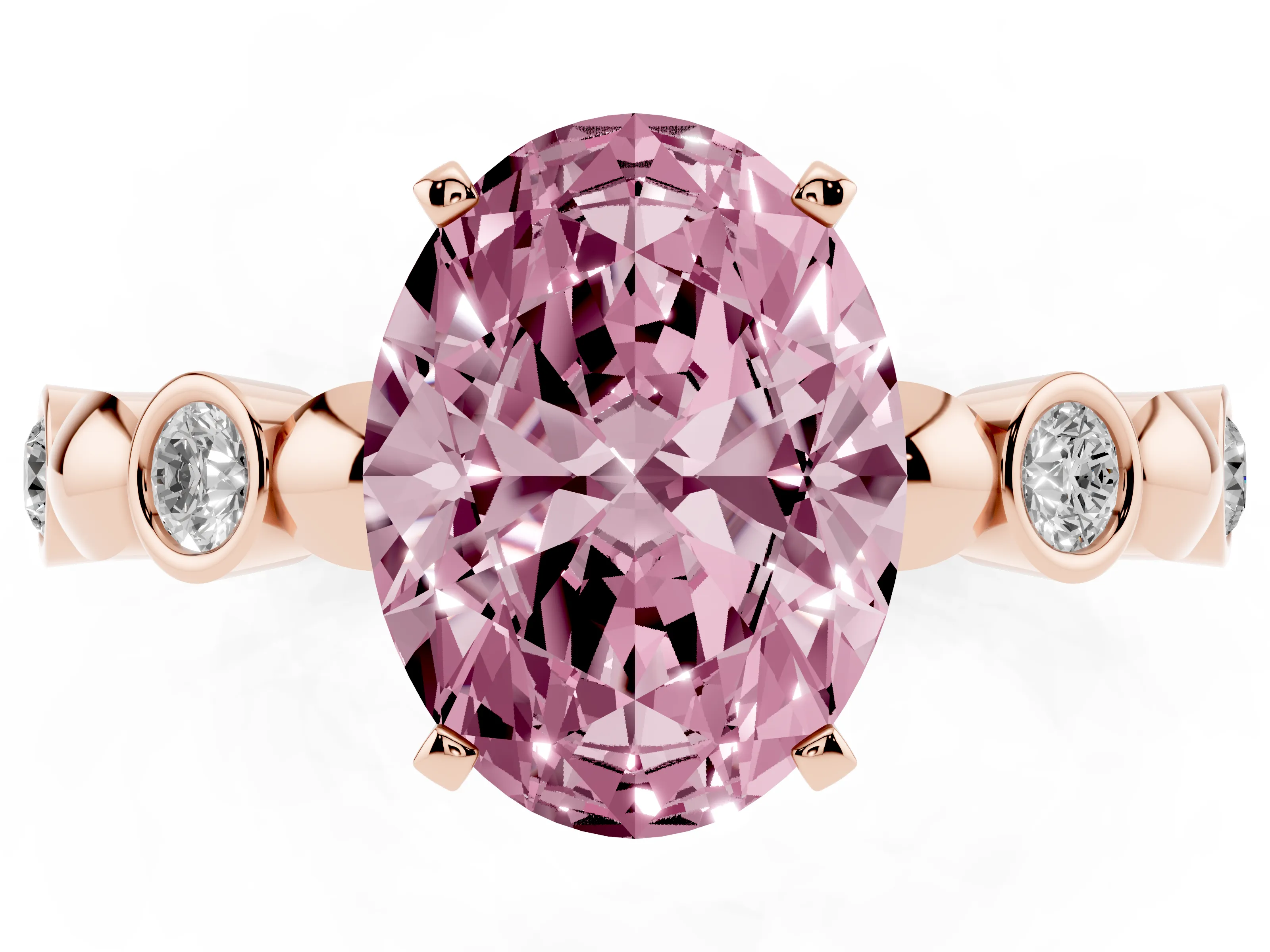 Fancy Pink Oval Cut Diamond Solitaire Ring Set in Rose gold with Bezel-Set Accents on Beaded Band and Prong Setting