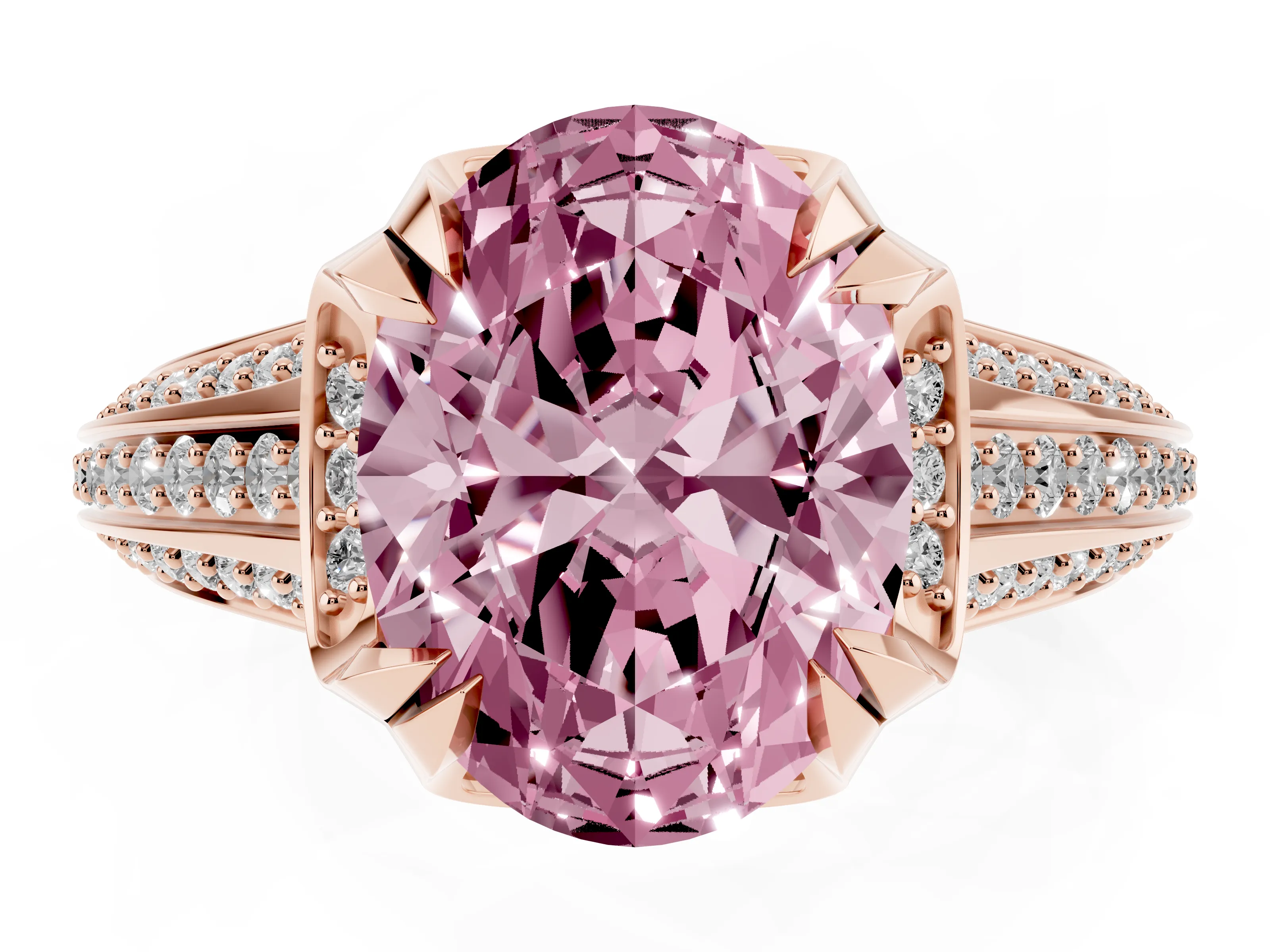 Fancy Pink Oval Cut Diamond Pavé Split Shank Solitaire Ring Set in Rose gold with Prong Setting