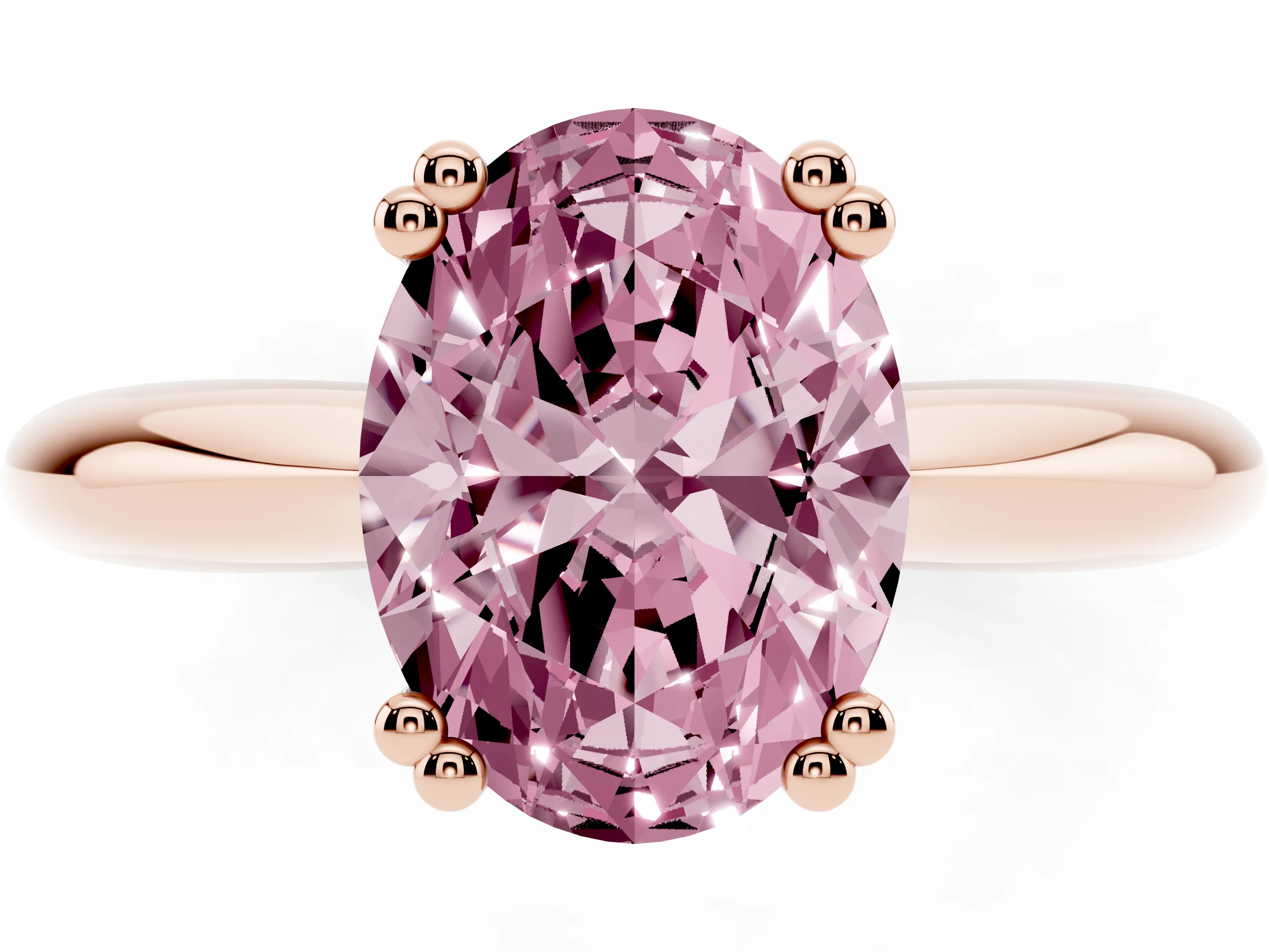 Fancy Pink Oval Cut Diamond Solitaire Engagement Ring Set in Rose gold with Tapered Band and Prong Setting
