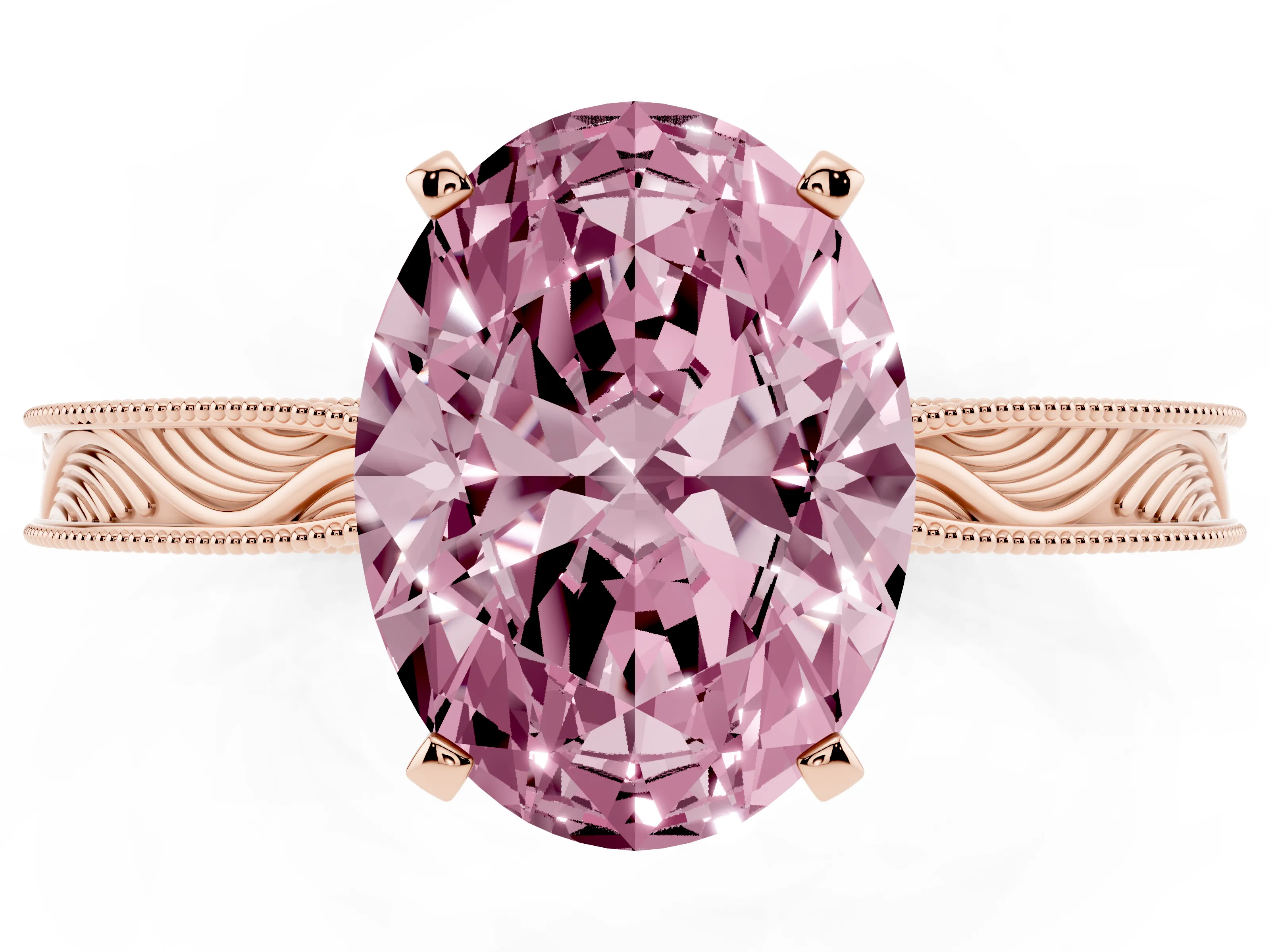 Fancy Pink Oval Cut Diamond Solitaire Milgrain Engraved Band Set in Rose gold with Prong Setting