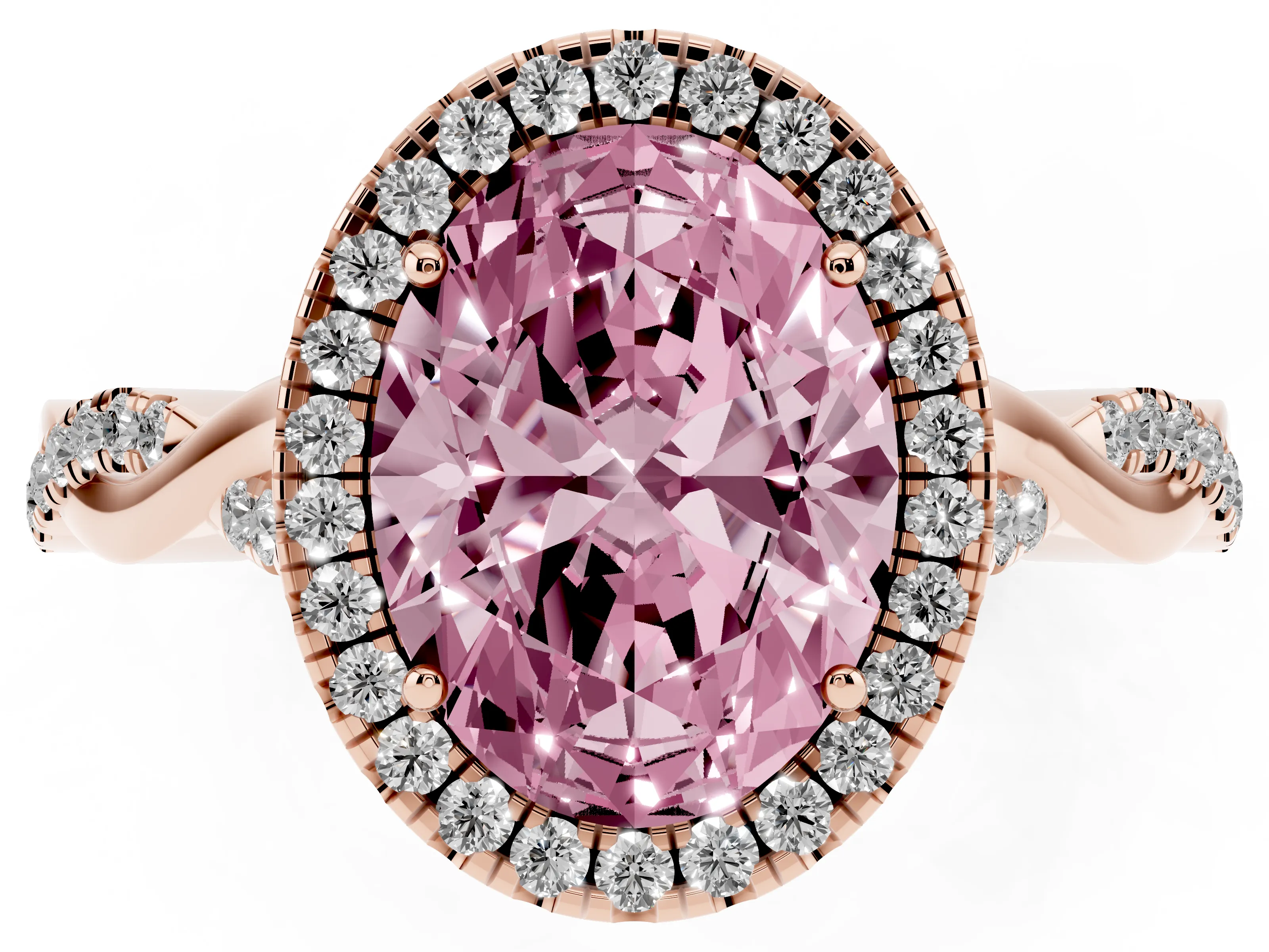 Fancy Pink Oval Cut Diamond Halo Twist Band Solitaire Ring Set in Rose gold with Prong Setting
