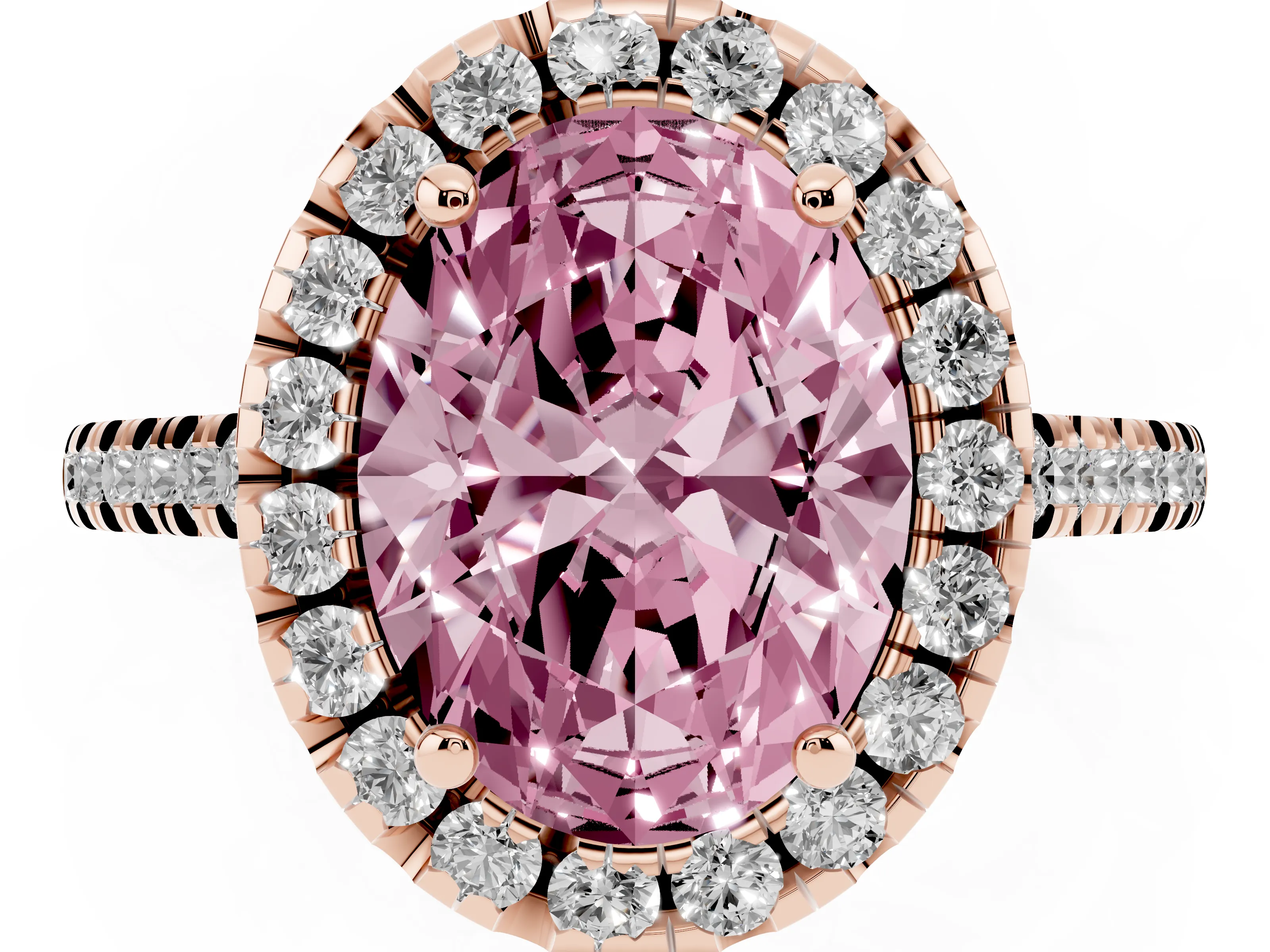 Fancy Pink Oval Cut Diamond Cushion Halo Ring Set in Rose gold with Pavé Band