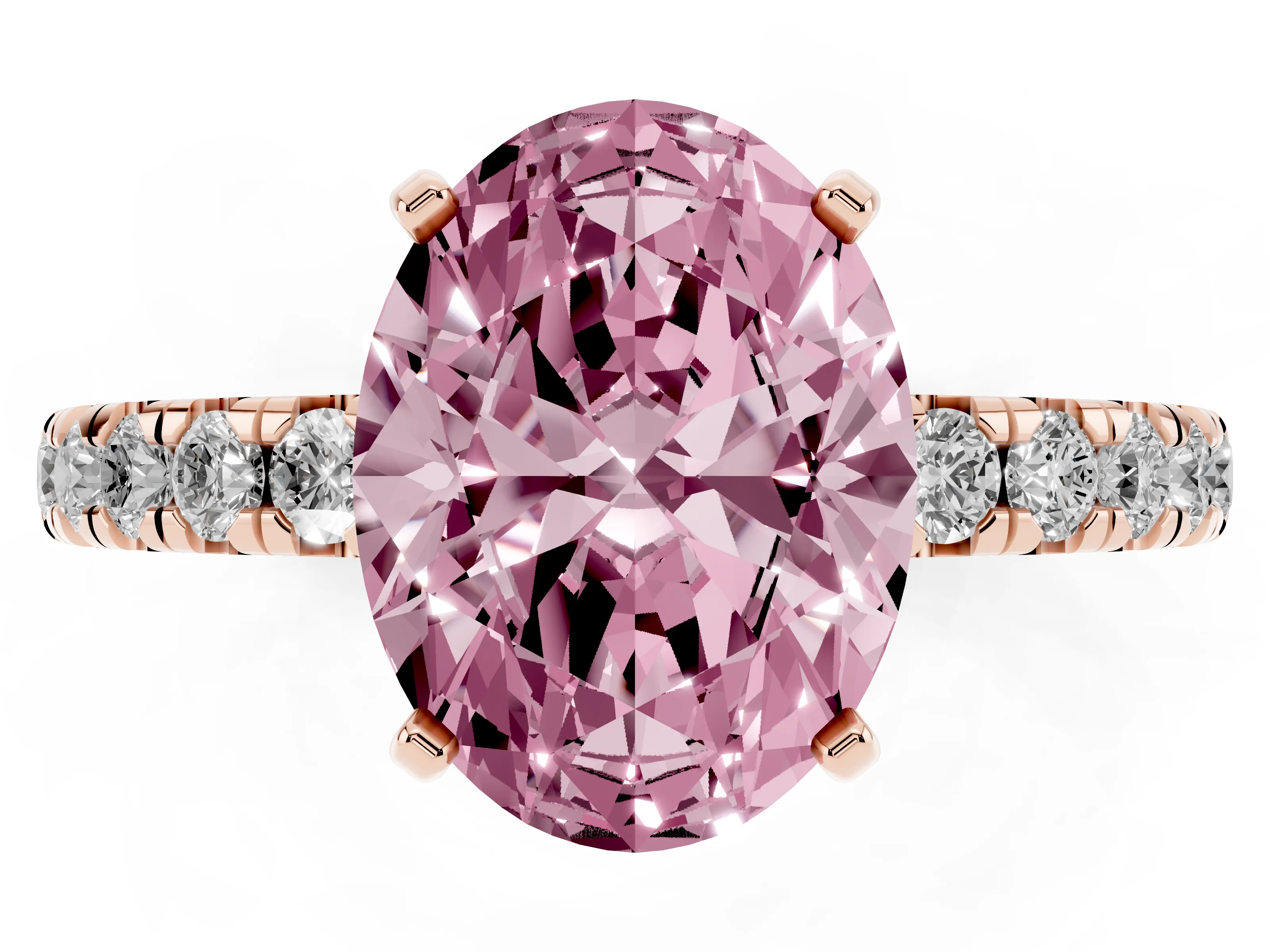 Fancy Pink Oval Cut Diamond Pavé Solitaire Ring Set in Rose gold with Round Band and Prong Setting