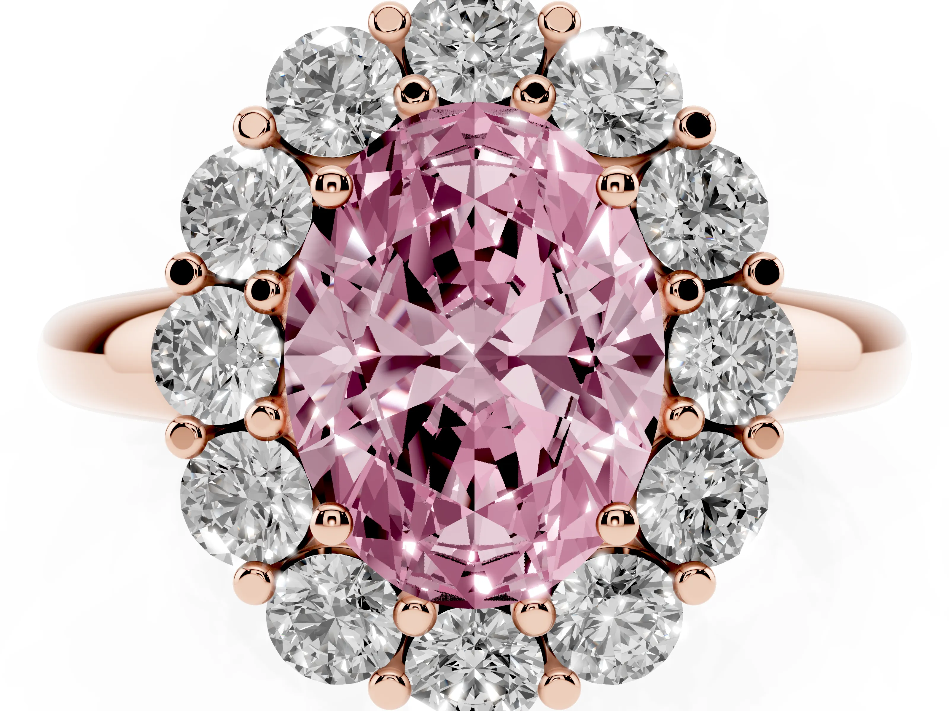 Fancy Pink Oval Cut Diamond Halo Cluster Engagement Ring Set in Rose gold with Polished Band and Prong Setting