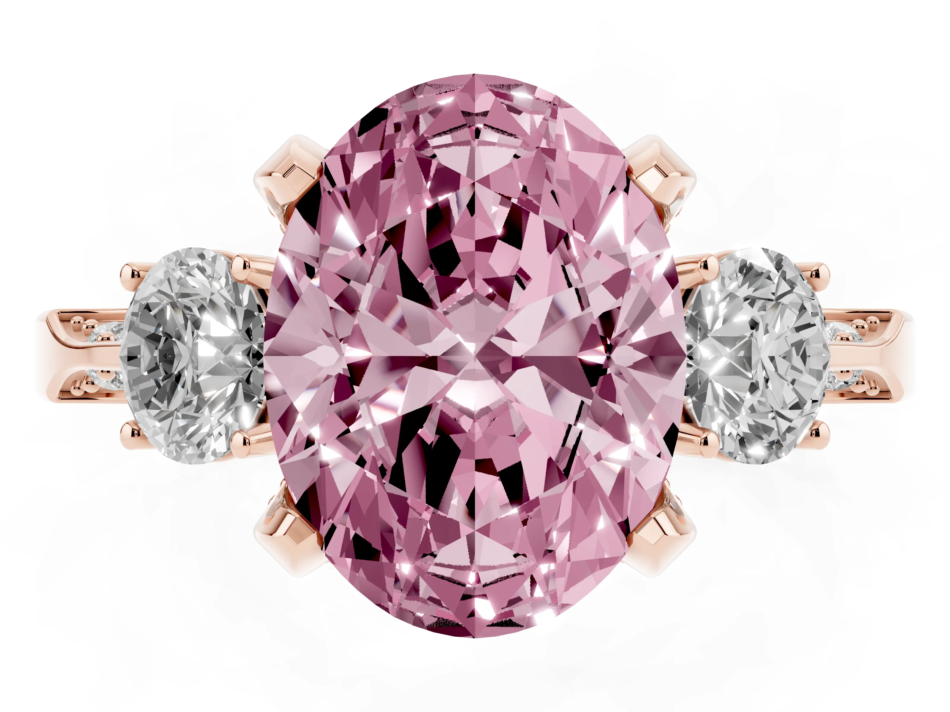 Fancy Pink Oval Cut Diamond Three-Stone Ring Set in Rose gold with Pavé Band and Smaller Side Stones
