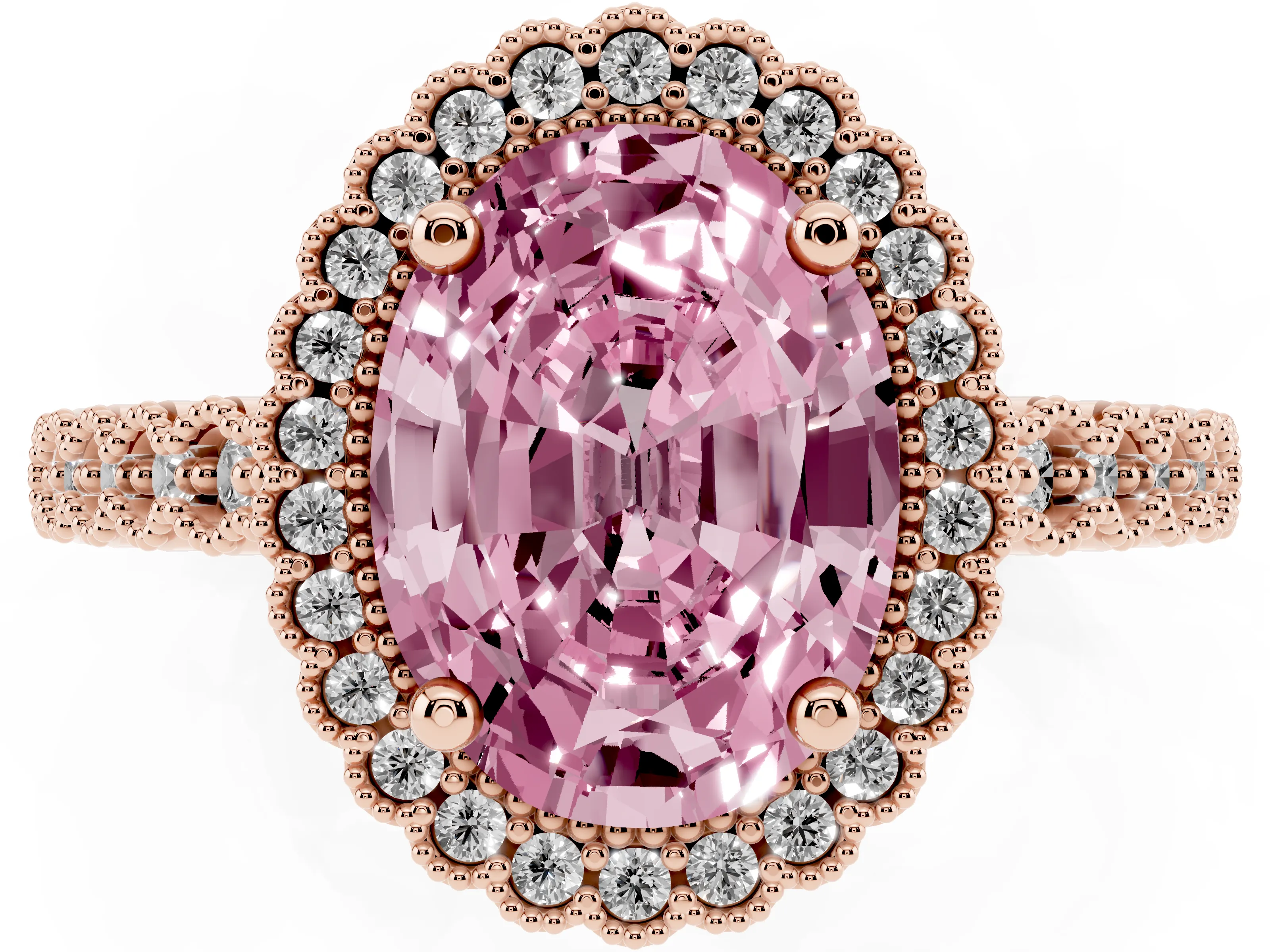 Fancy Pink Oval Cut Diamond Halo Ring Set in Rose gold with Pavé Milgrain Band