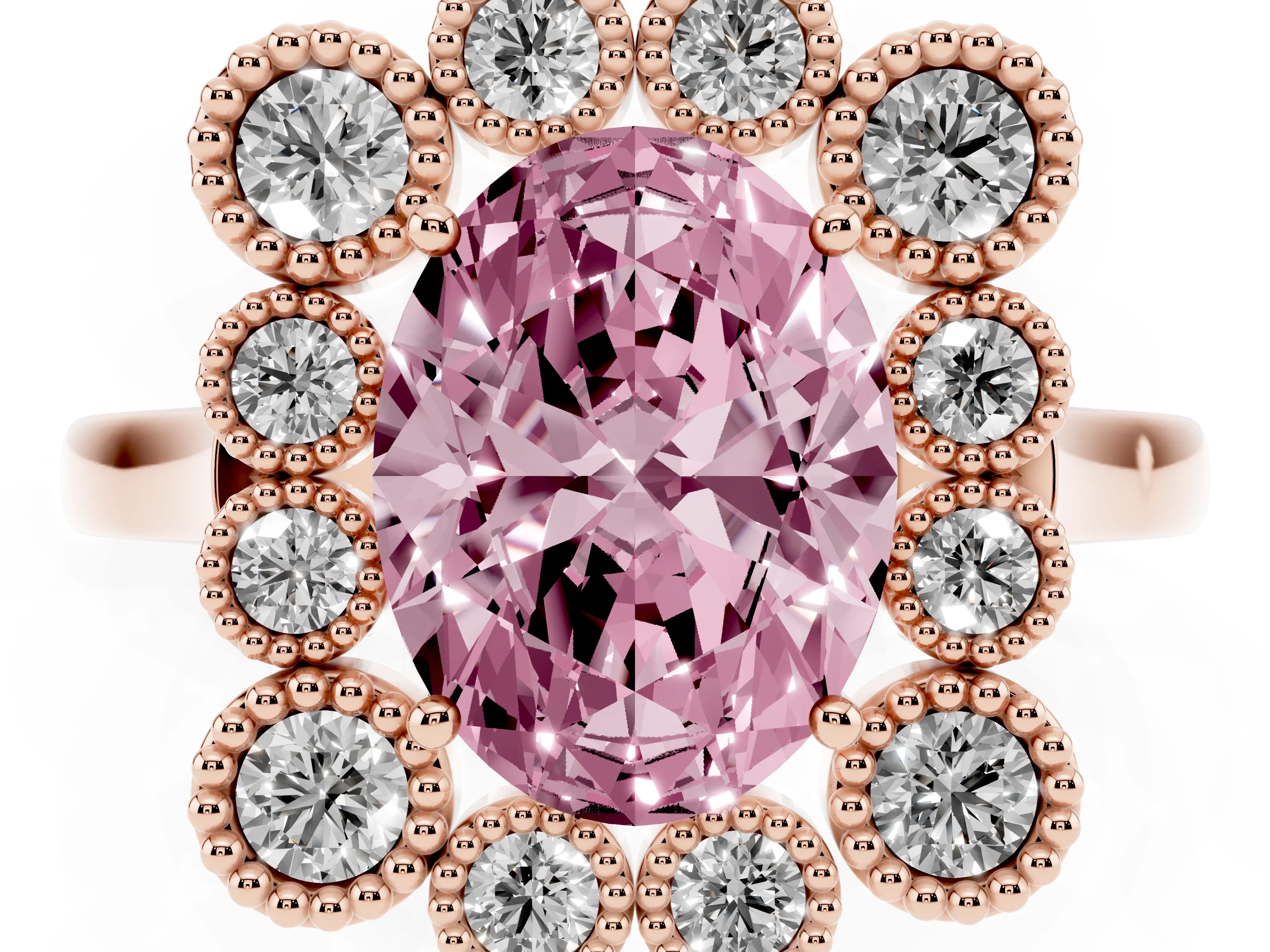 Fancy Pink Oval Cut Diamond Cluster Halo Ring Set in Rose gold with Milgrain Bezel Accents and Plain Band
