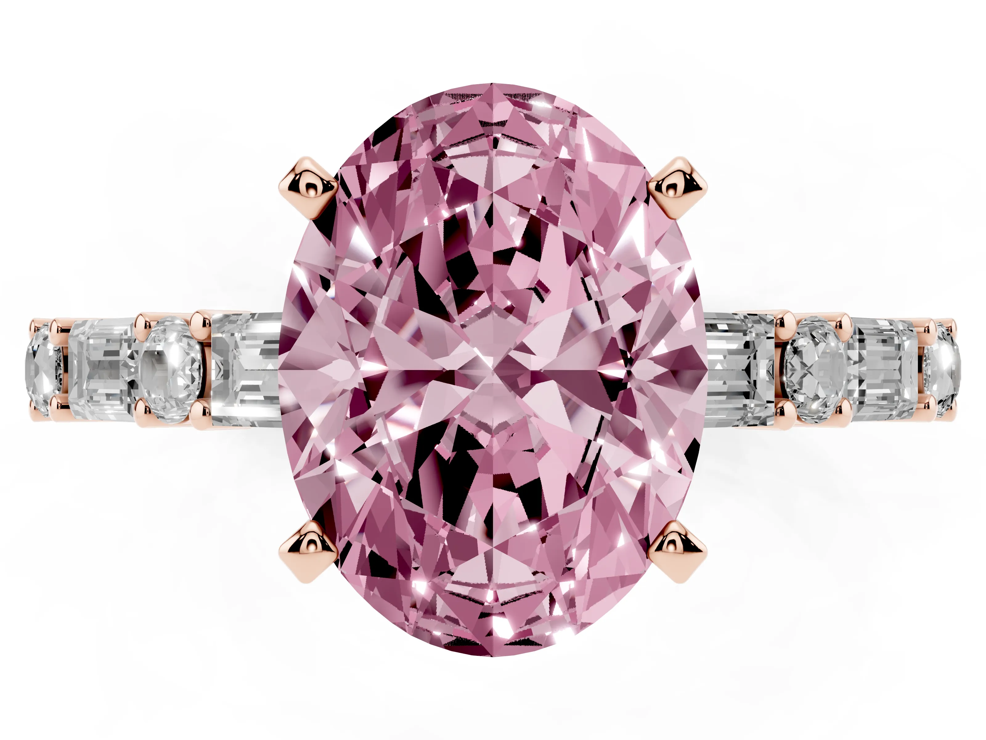 Fancy Pink Oval Cut Diamond Solitaire Set in Rose gold with Side Baguettes and Channel Set Band
